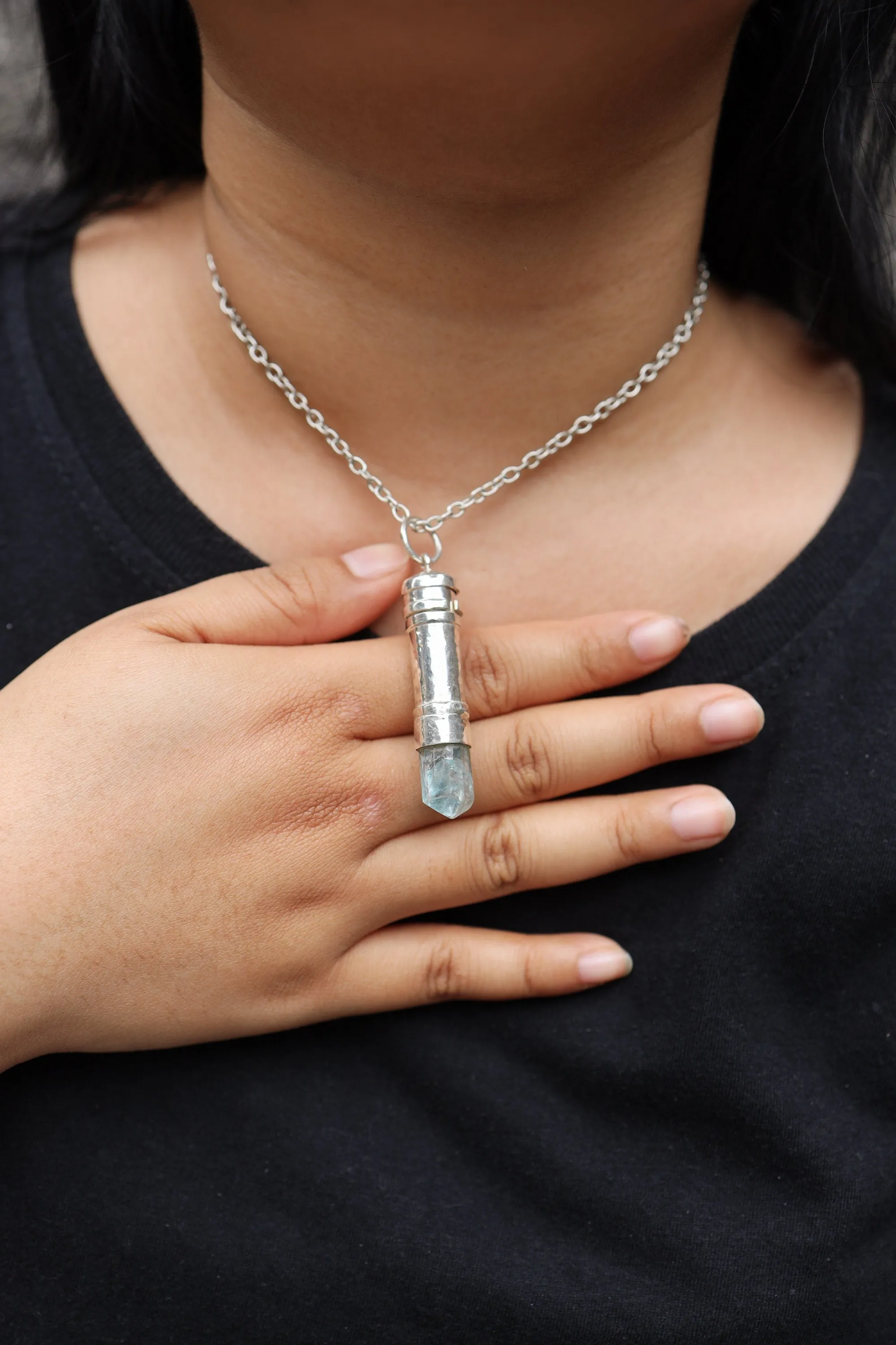 Aqua Aura Quartz Point - Solid Capsule Locket - Stash Urn - Textured & Sterling Silver Pendant