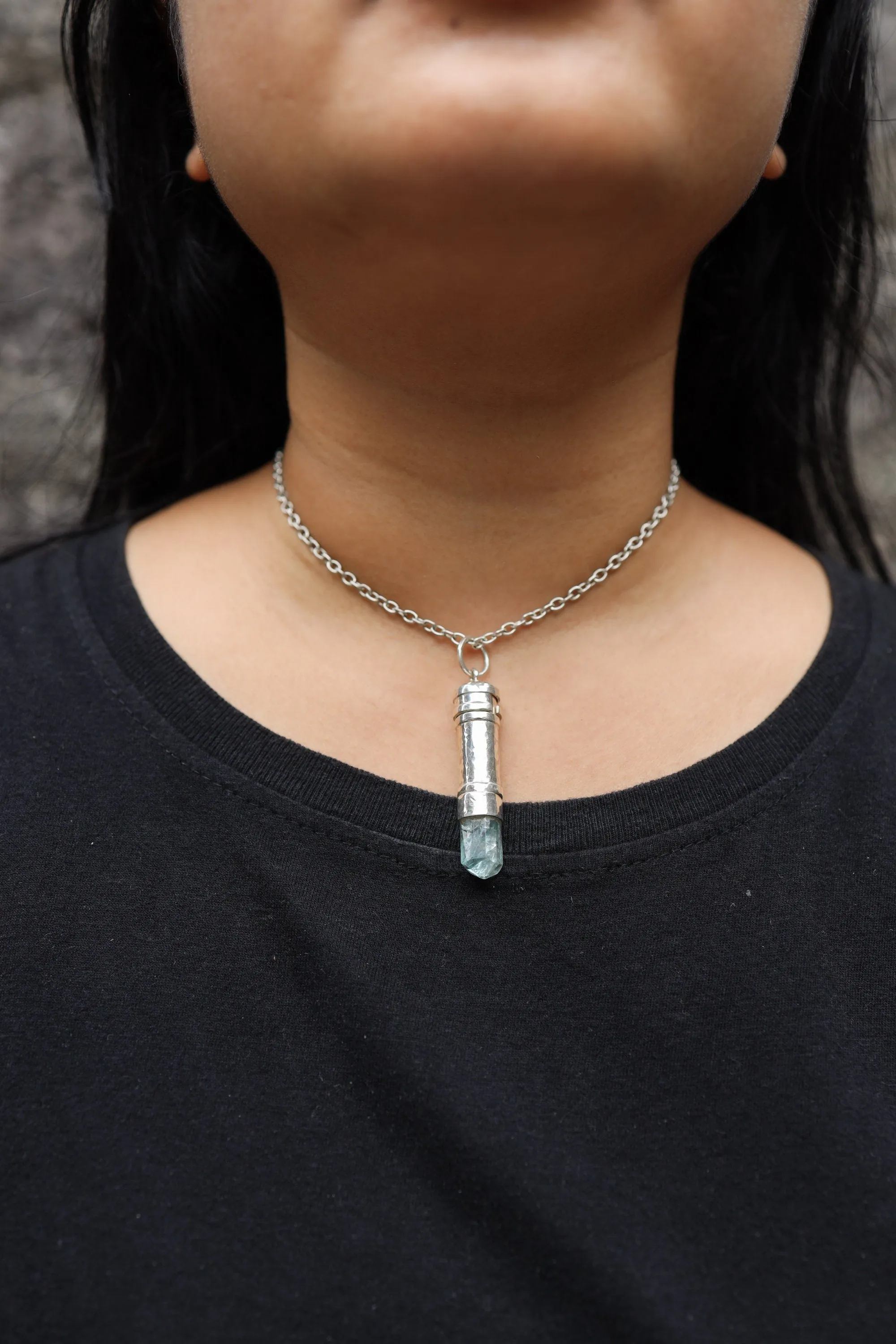 Aqua Aura Quartz Point - Solid Capsule Locket - Stash Urn - Textured & Sterling Silver Pendant