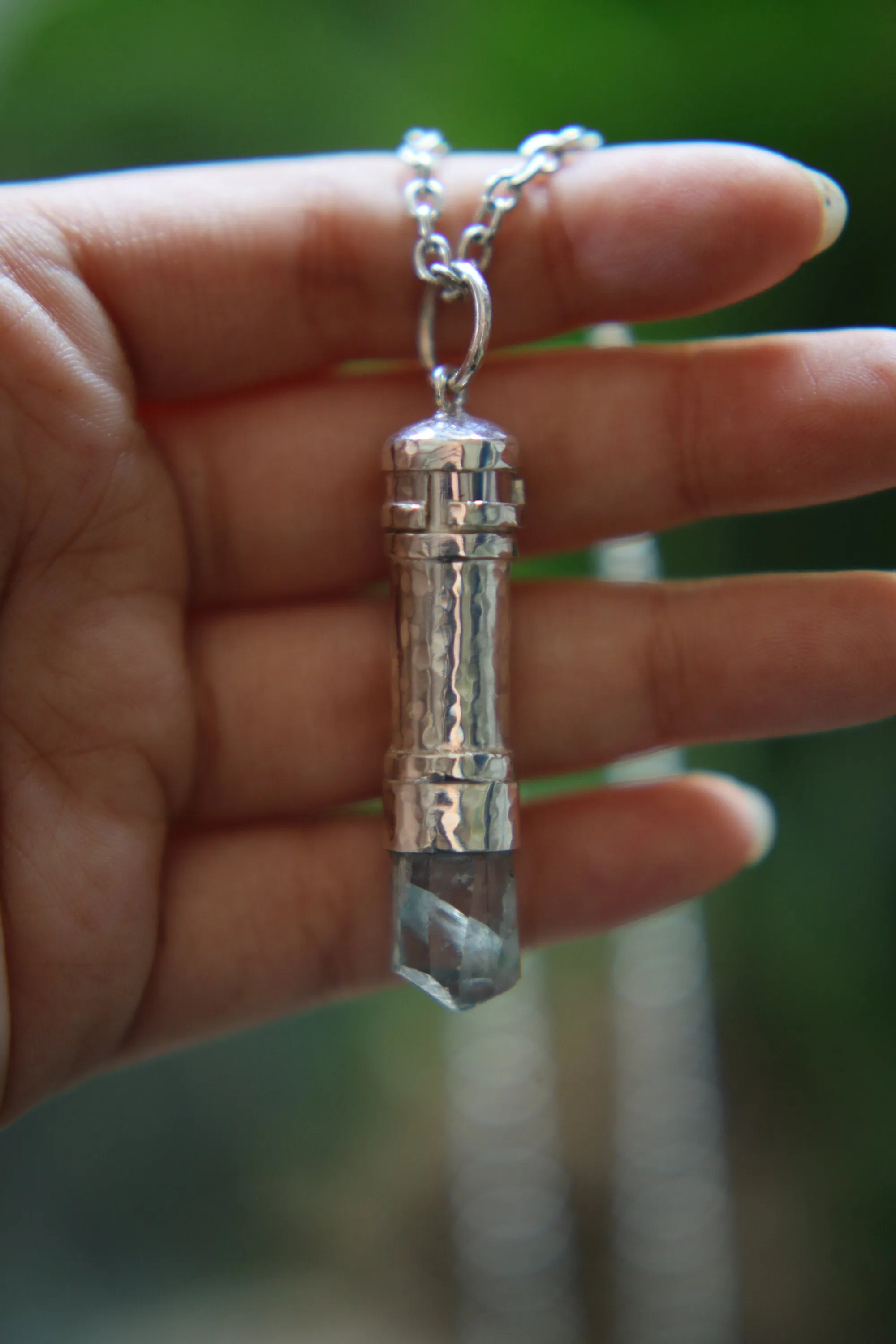 Aqua Aura Quartz Point - Solid Capsule Locket - Stash Urn - Textured & Sterling Silver Pendant