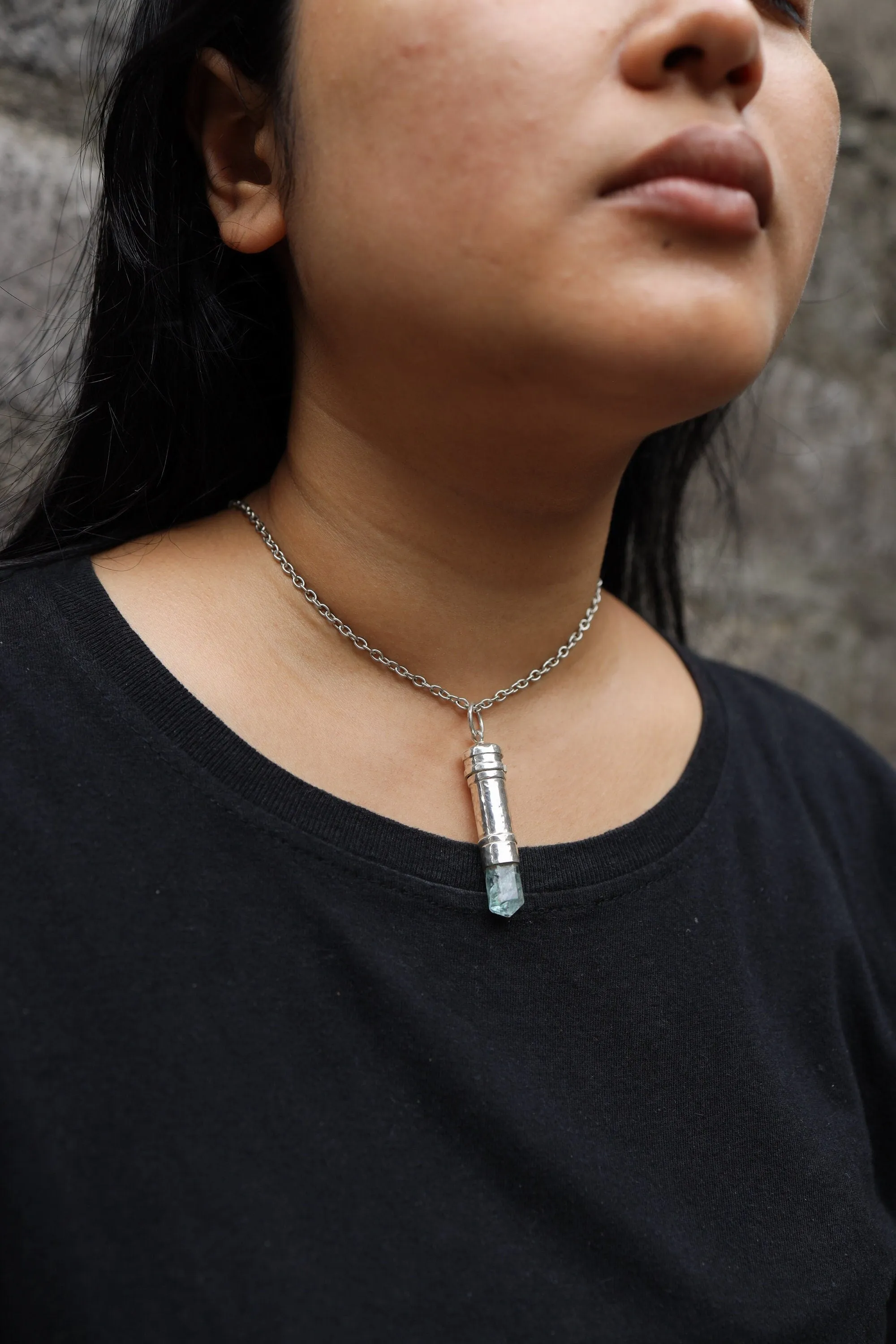 Aqua Aura Quartz Point - Solid Capsule Locket - Stash Urn - Textured & Sterling Silver Pendant