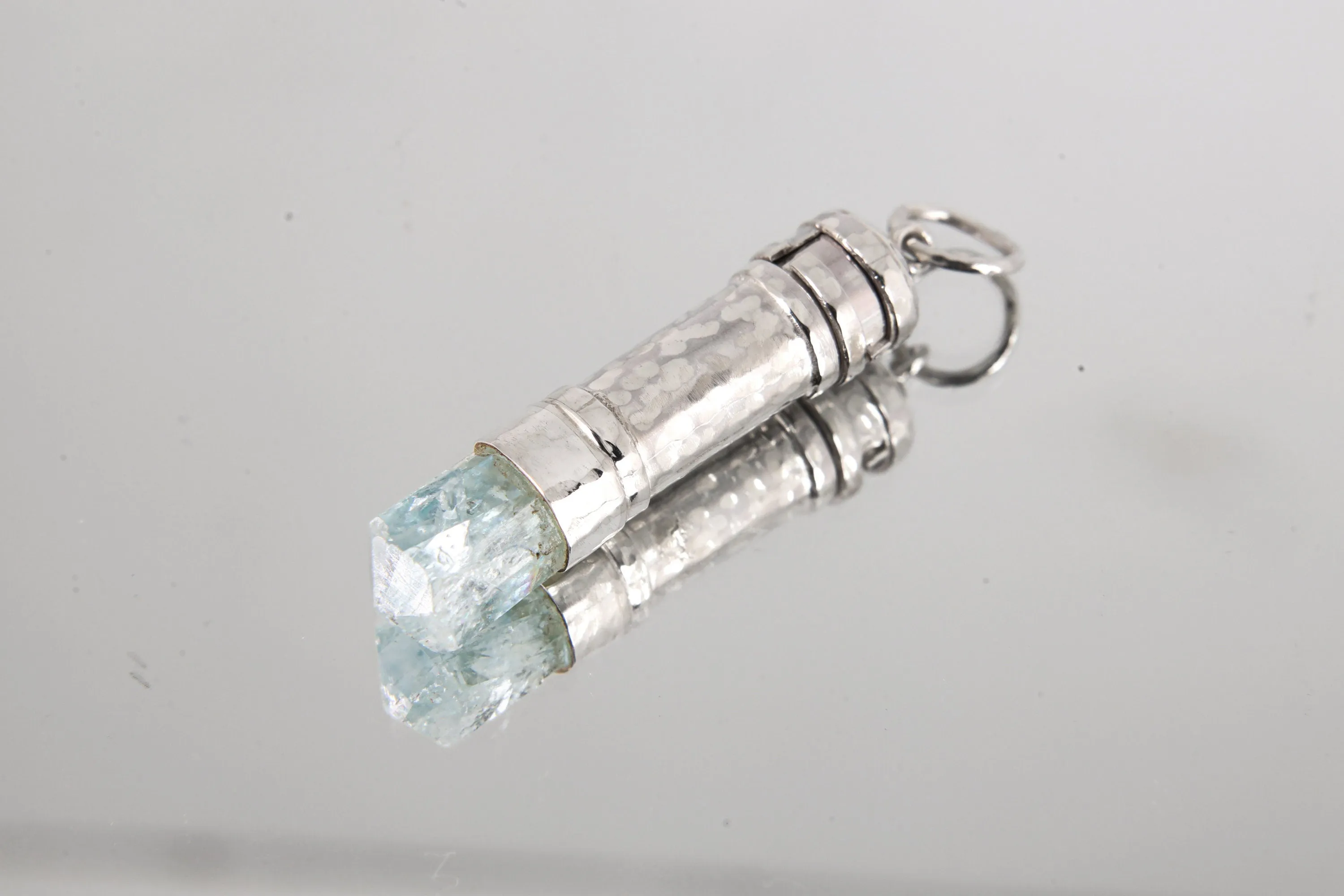 Aqua Aura Quartz Point - Solid Capsule Locket - Stash Urn - Textured & Sterling Silver Pendant