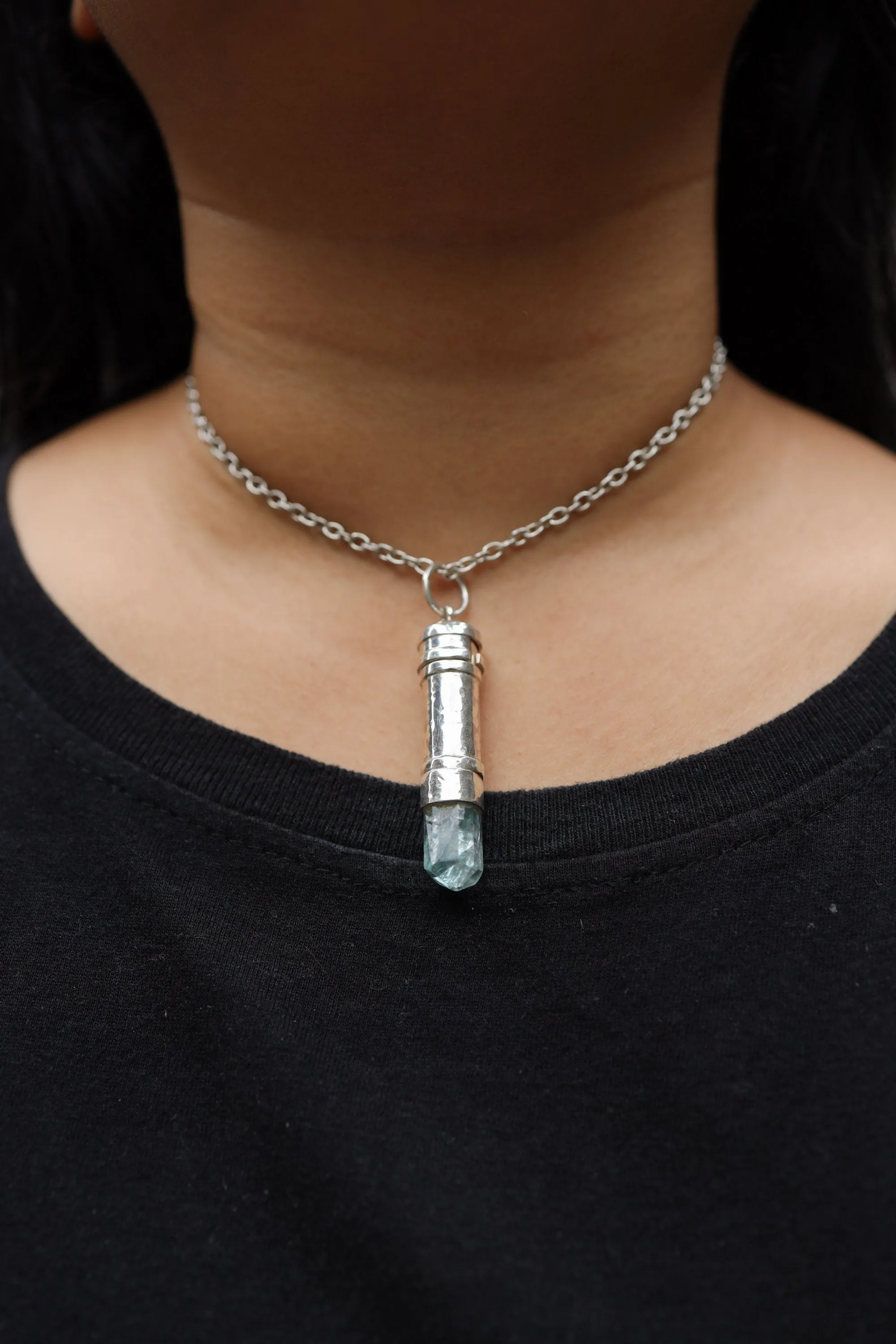 Aqua Aura Quartz Point - Solid Capsule Locket - Stash Urn - Textured & Sterling Silver Pendant