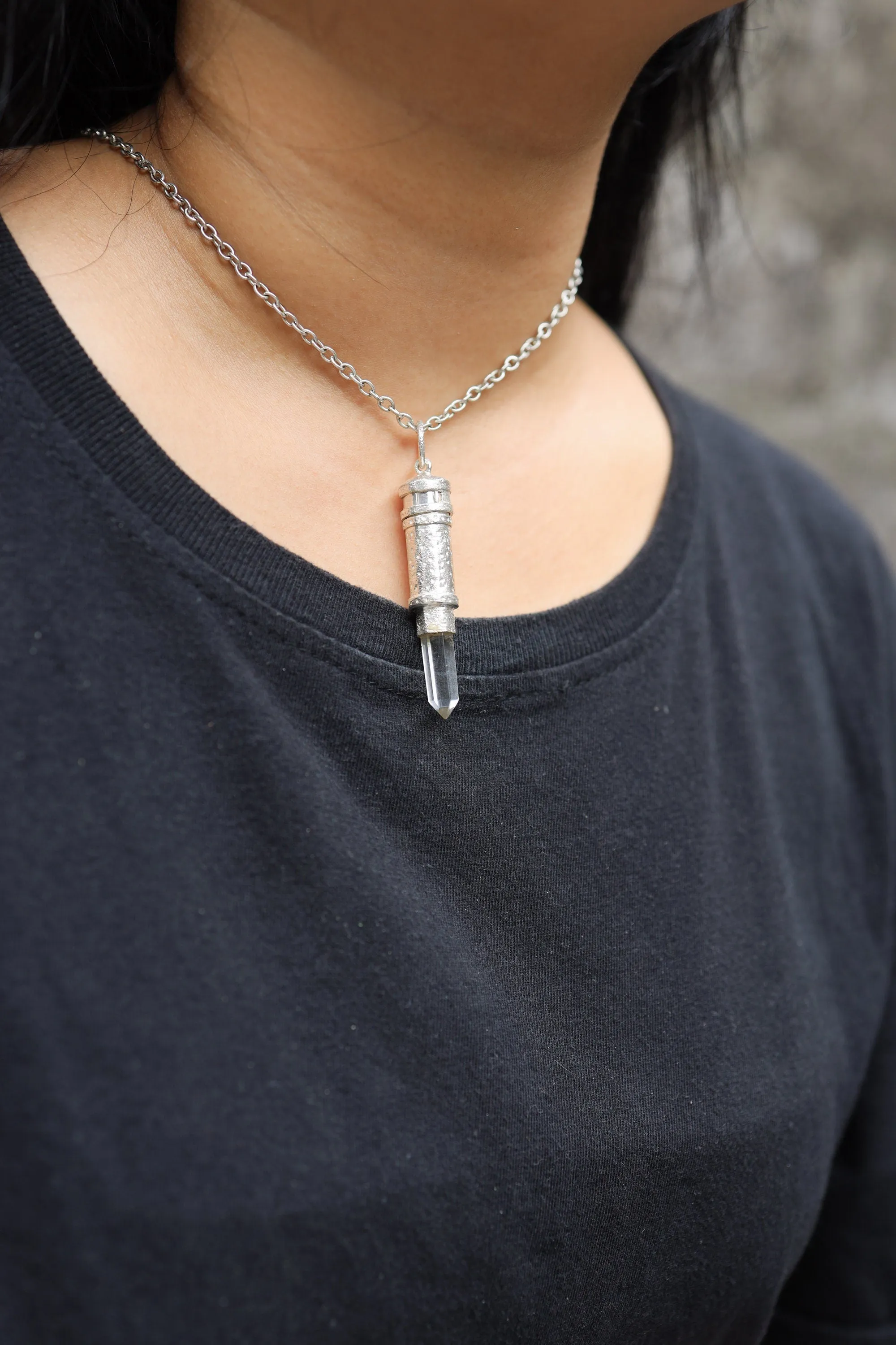 Australian Natural Clear Quartz Point - Solid Capsule Locket - Stash Urn - Textured & Sterling Silver Pendant