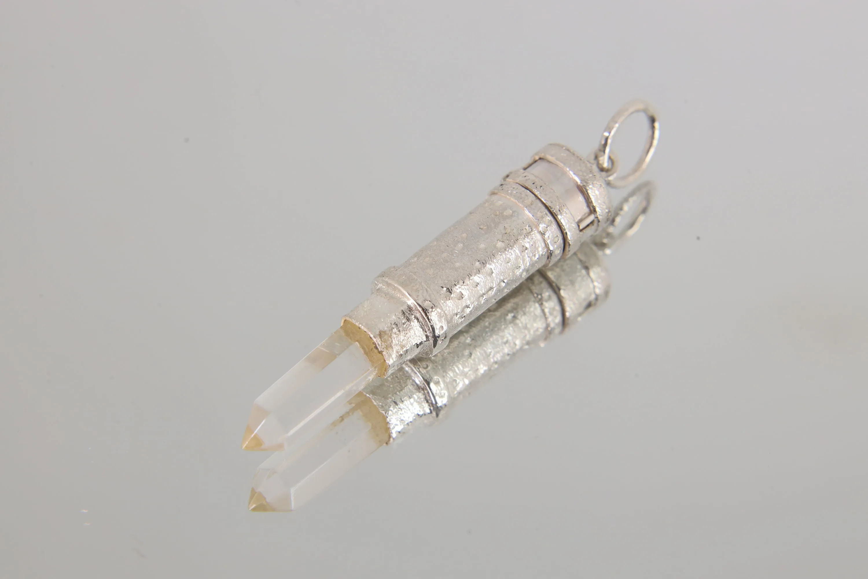 Australian Natural Clear Quartz Point - Solid Capsule Locket - Stash Urn - Textured & Sterling Silver Pendant
