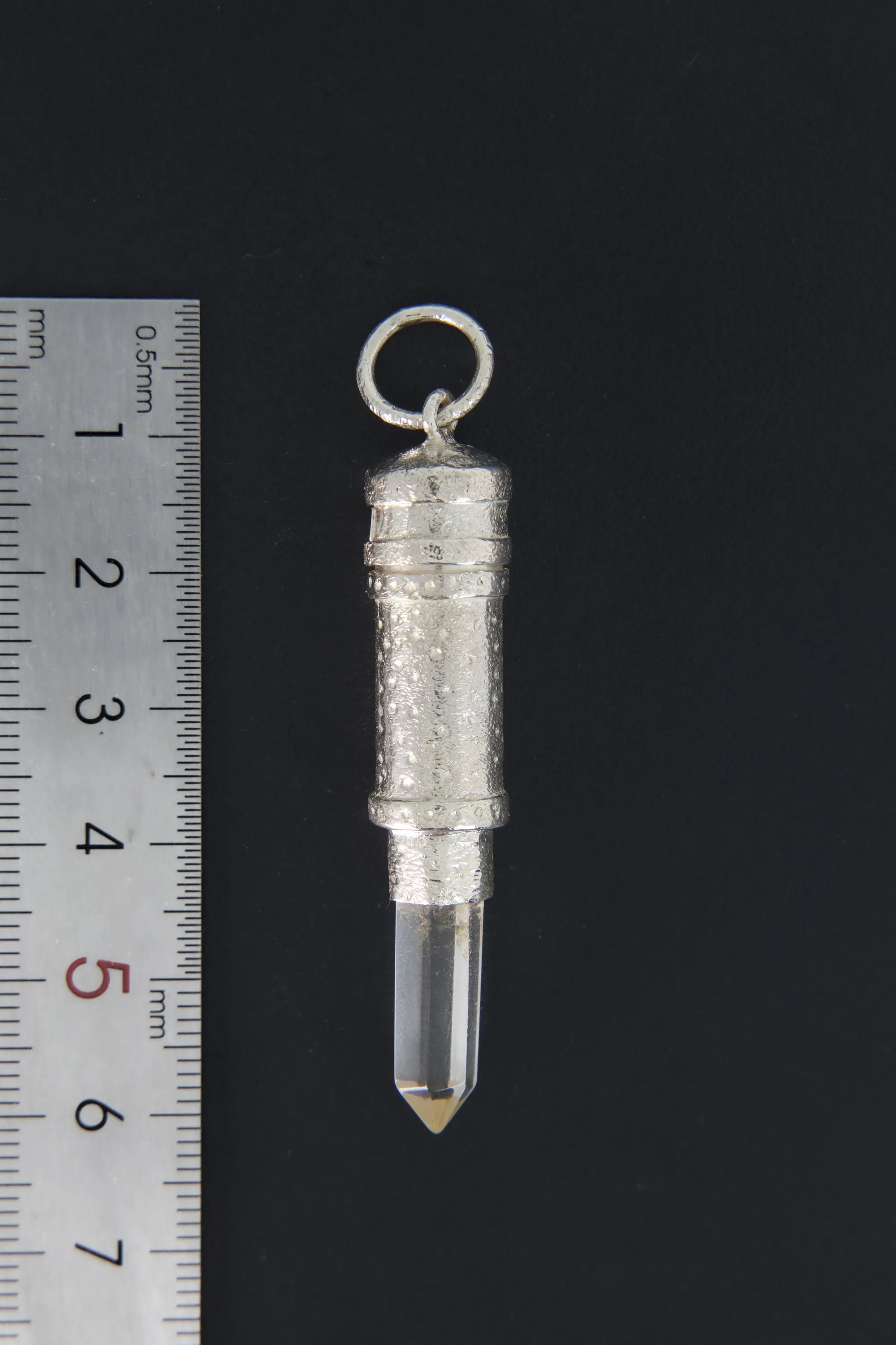 Australian Natural Clear Quartz Point - Solid Capsule Locket - Stash Urn - Textured & Sterling Silver Pendant