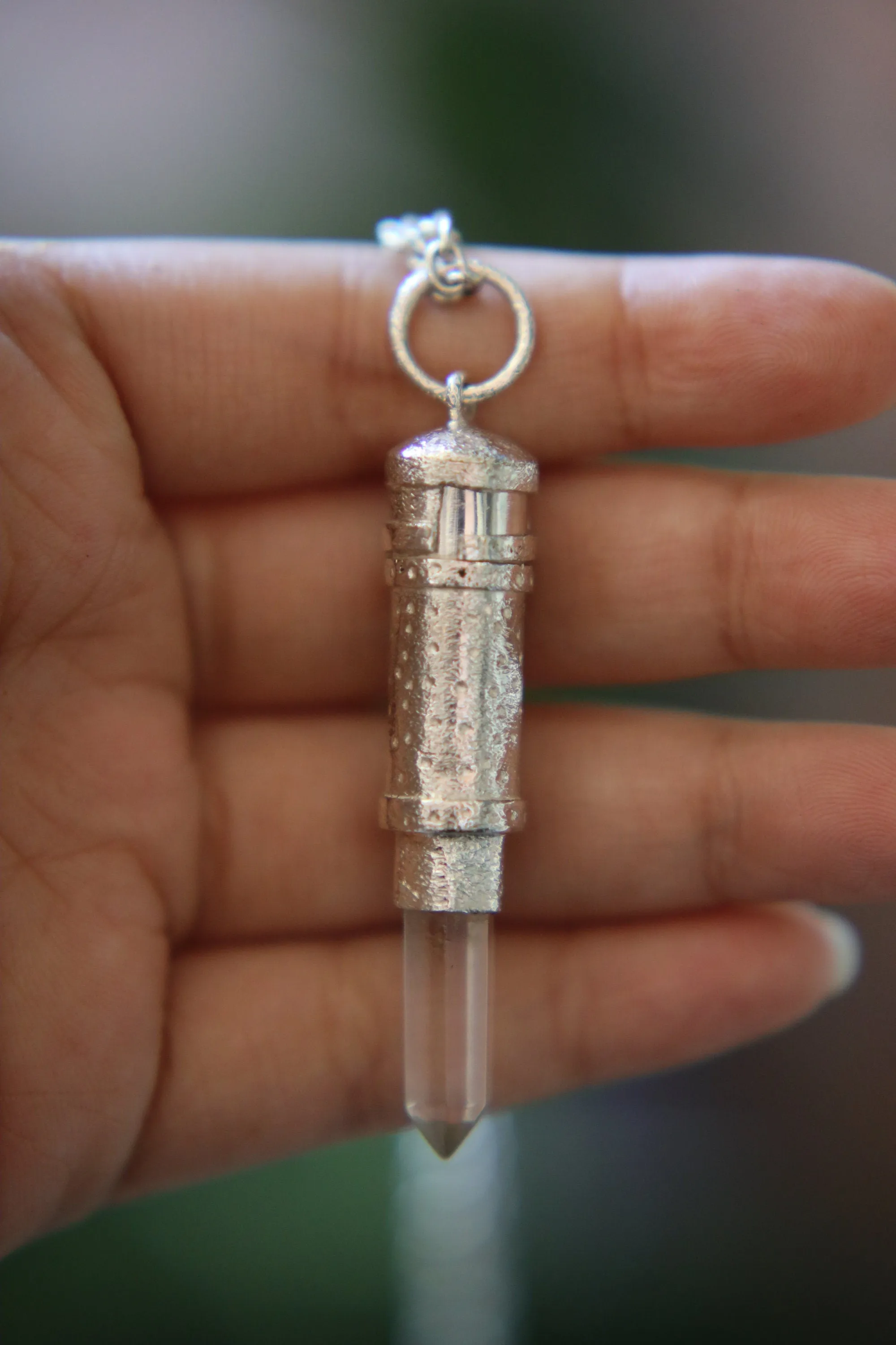 Australian Natural Clear Quartz Point - Solid Capsule Locket - Stash Urn - Textured & Sterling Silver Pendant