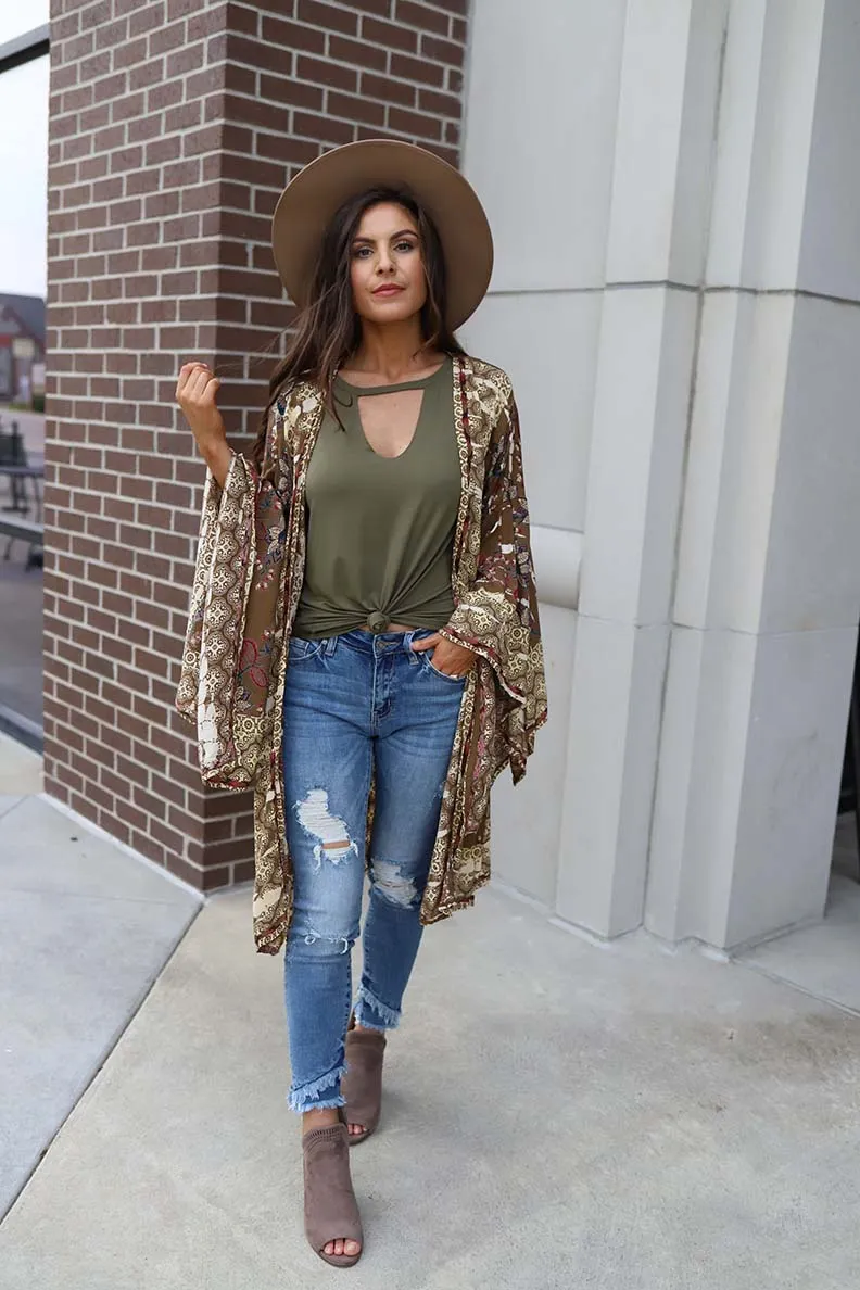 Autumn Calling Mixed Pattern Floral Bell Sleeve Kimono