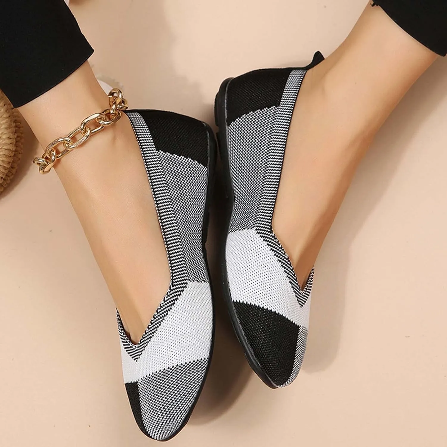 Black Flats Shoes for Women, Square Toe Ballet Flat Shoe, Washable Comfortable Knit Sandals, Soft Slip on Dressy Wedding Work Footwear
