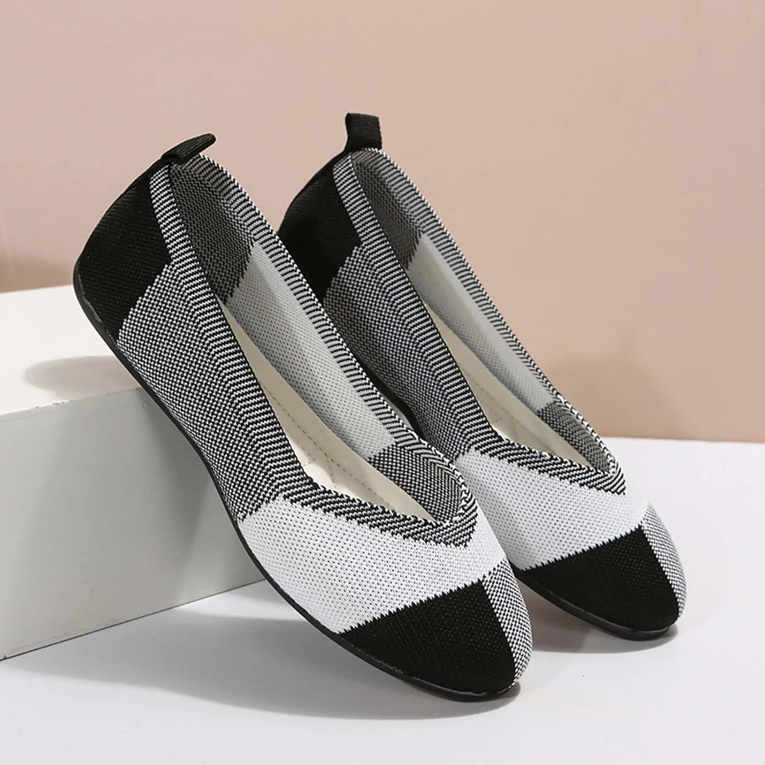 Black Flats Shoes for Women, Square Toe Ballet Flat Shoe, Washable Comfortable Knit Sandals, Soft Slip on Dressy Wedding Work Footwear