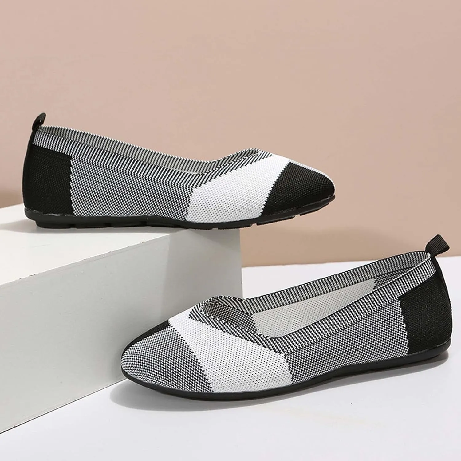 Black Flats Shoes for Women, Square Toe Ballet Flat Shoe, Washable Comfortable Knit Sandals, Soft Slip on Dressy Wedding Work Footwear