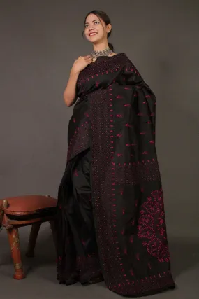 Black Kantha Stitched Embroidered all over Wrap in 1 minute saree
