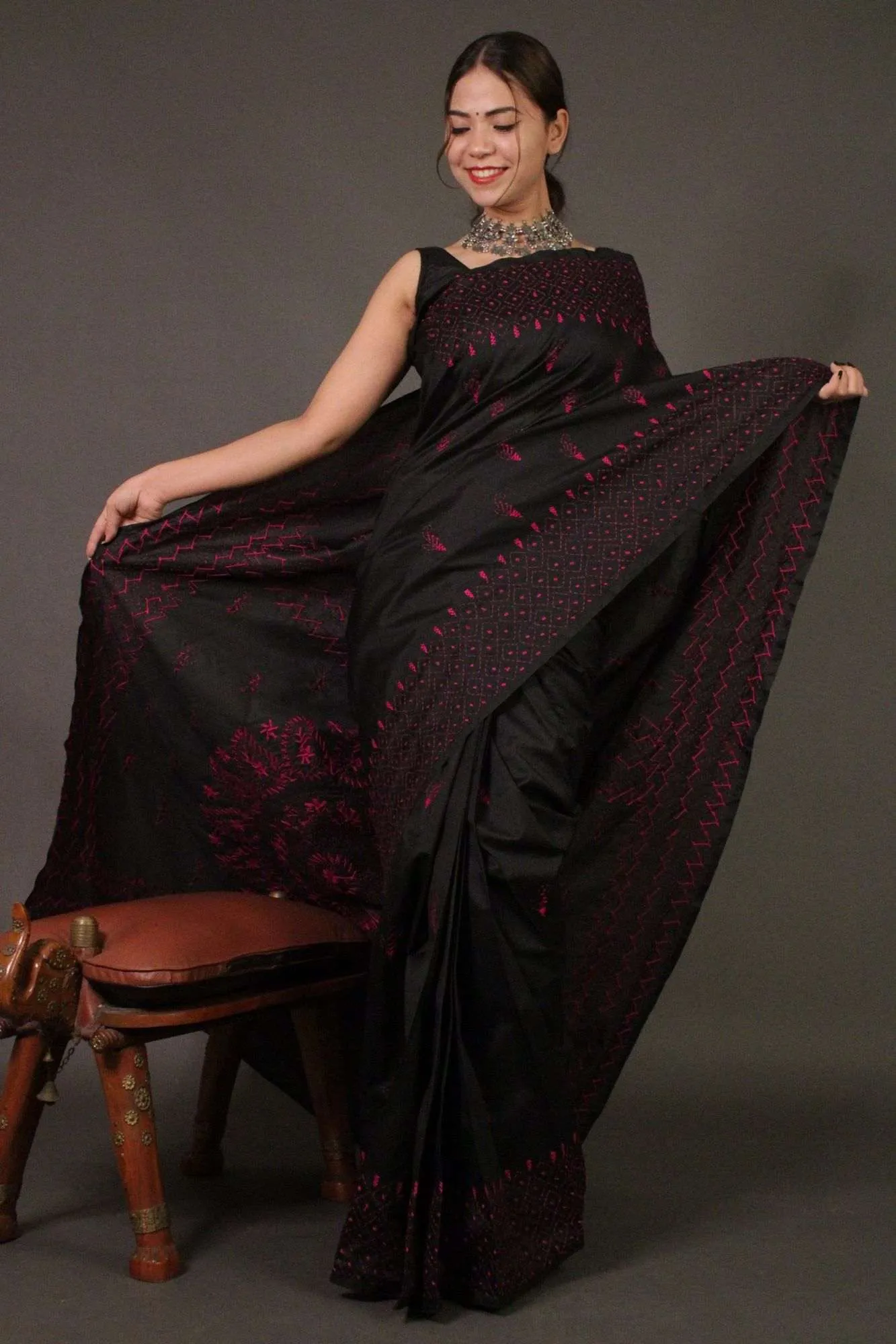 Black Kantha Stitched Embroidered all over Wrap in 1 minute saree