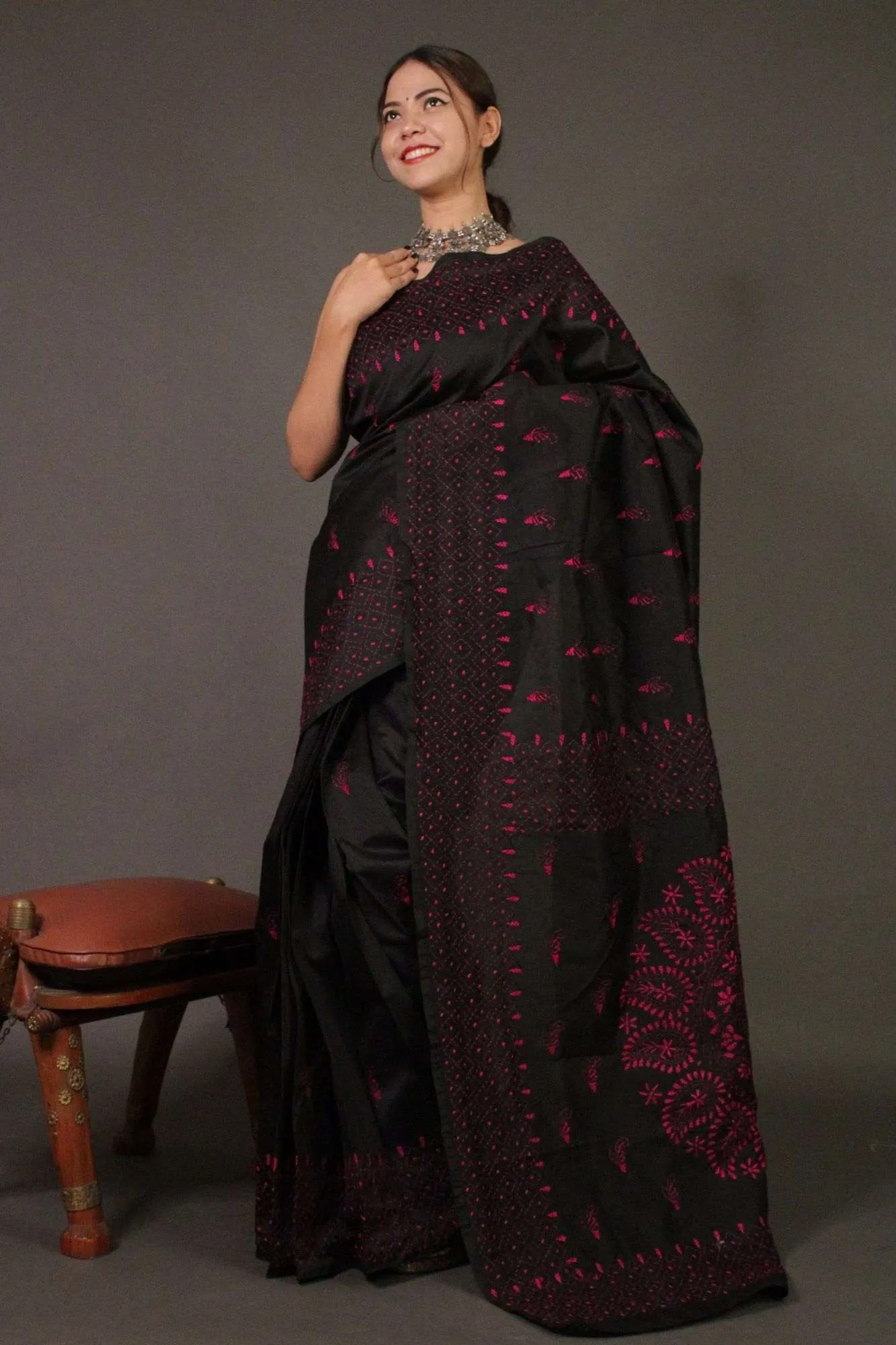 Black Kantha Stitched Embroidered all over Wrap in 1 minute saree