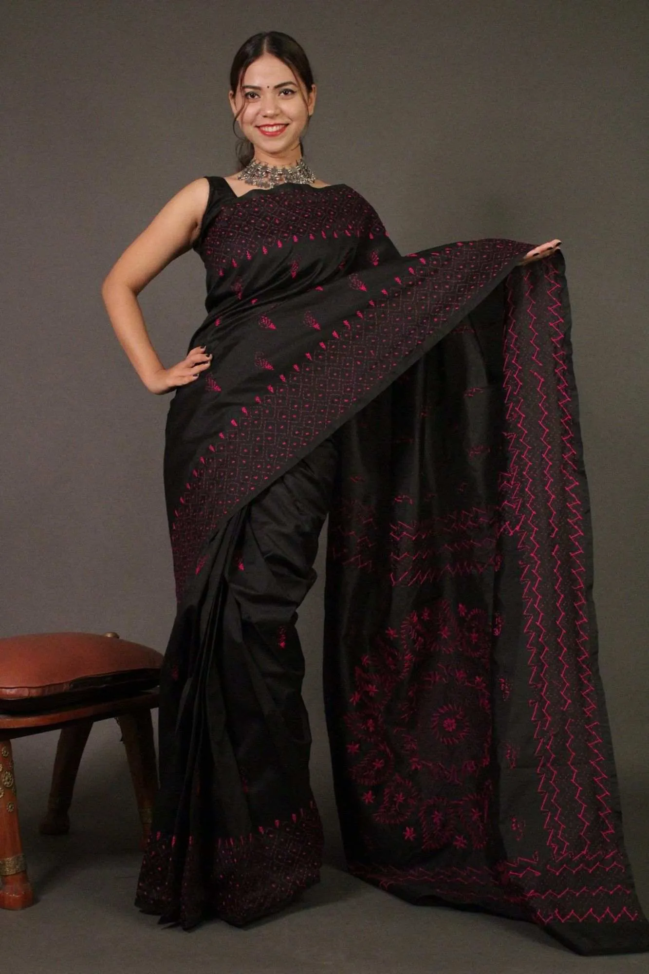 Black Kantha Stitched Embroidered all over Wrap in 1 minute saree