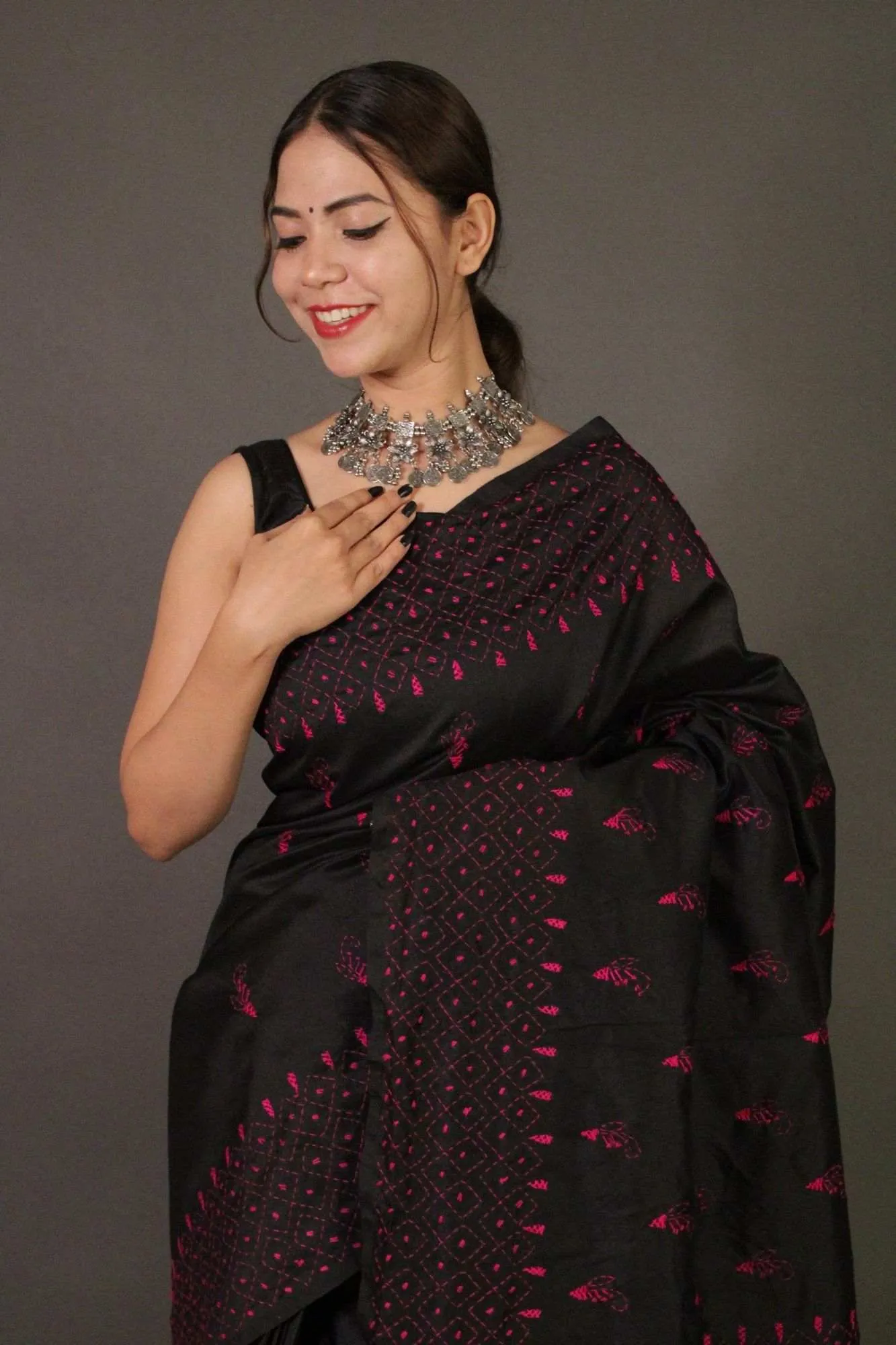 Black Kantha Stitched Embroidered all over Wrap in 1 minute saree