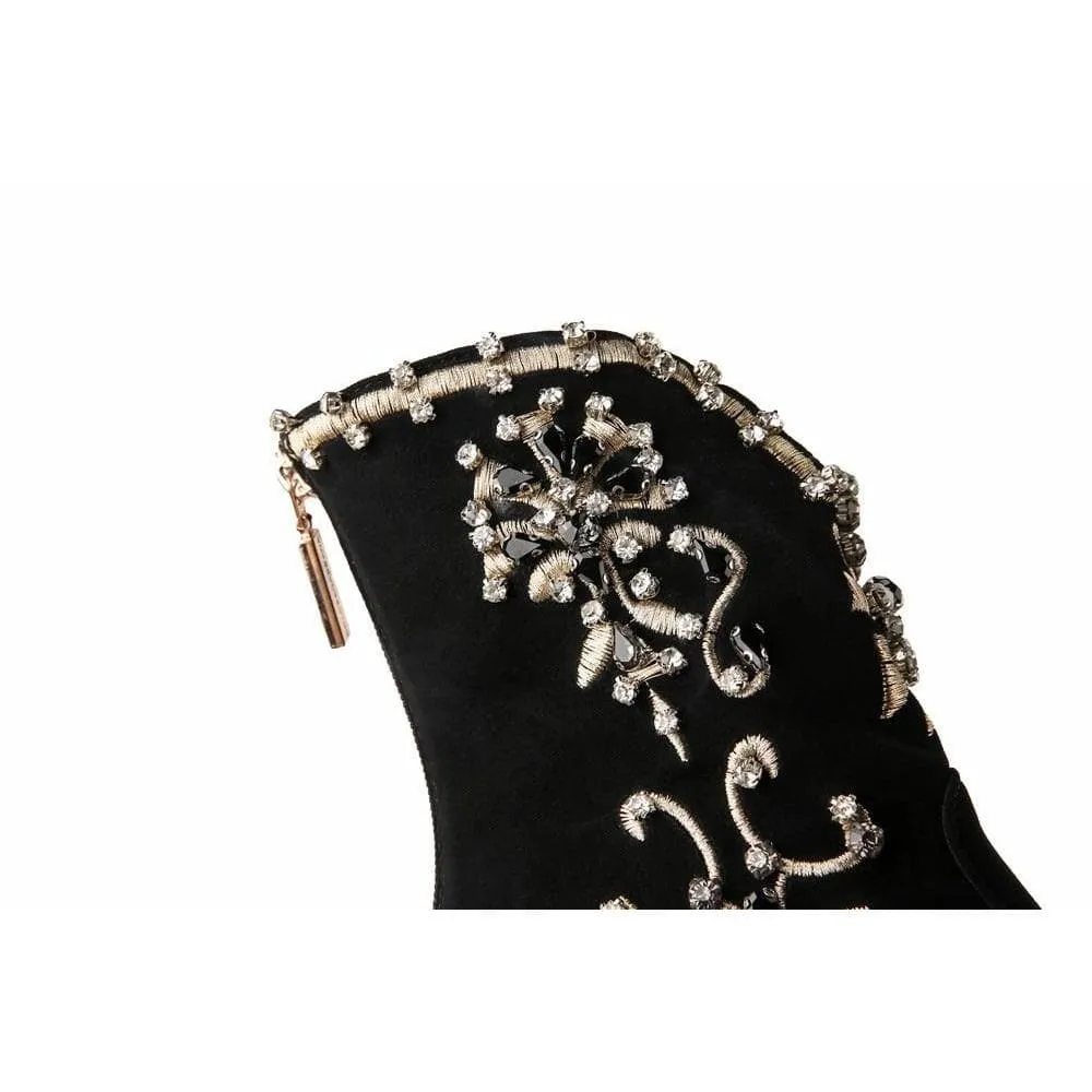 Black Suede Crystal Angkle Boots