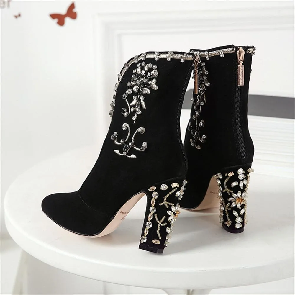 Black Suede Crystal Angkle Boots