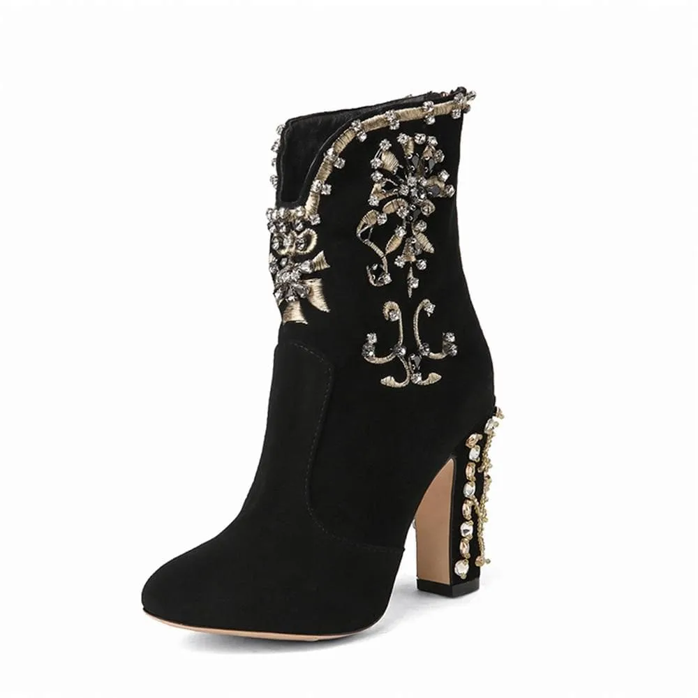Black Suede Crystal Angkle Boots