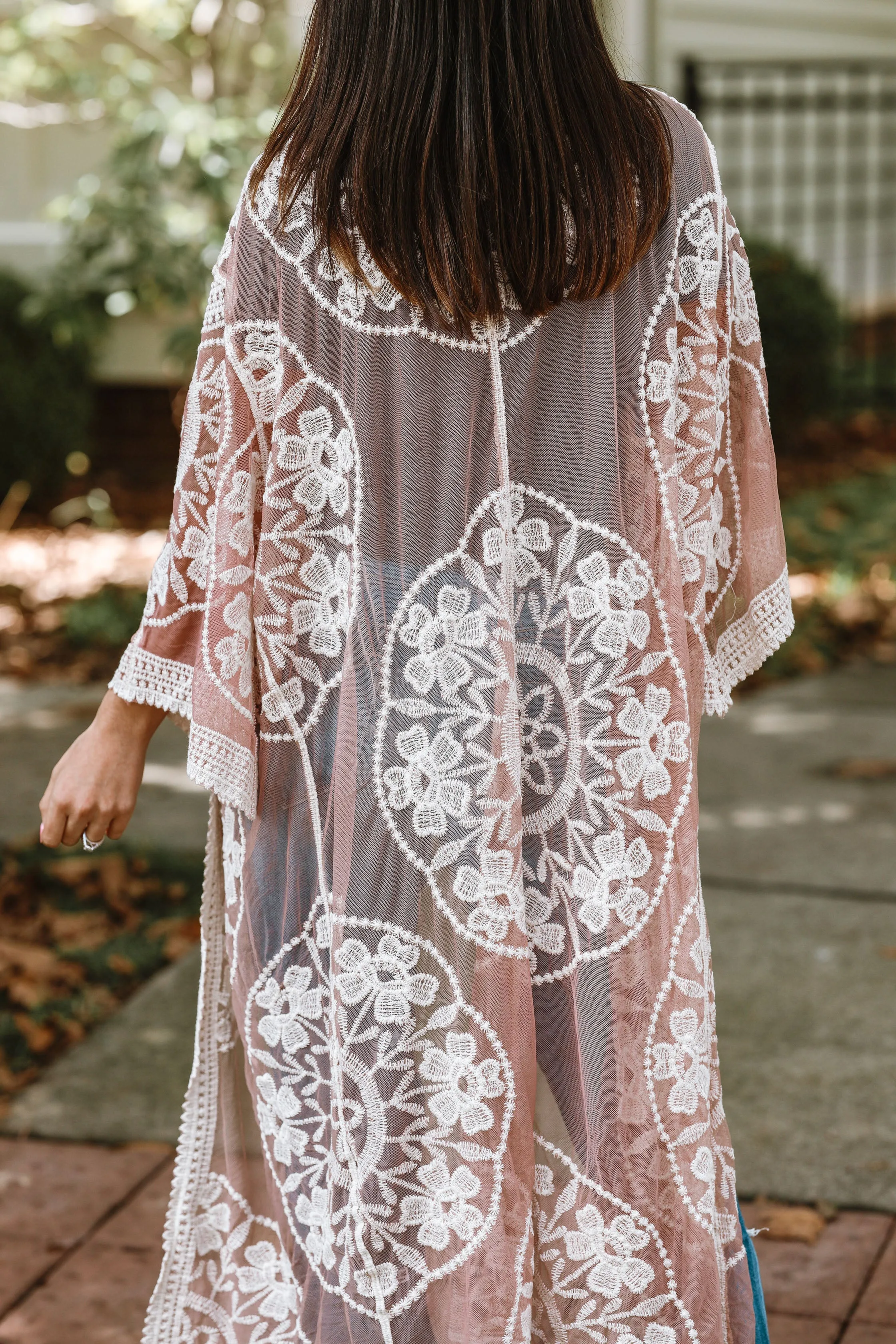 Boho Blooms Lace Mesh Kimono- Blush