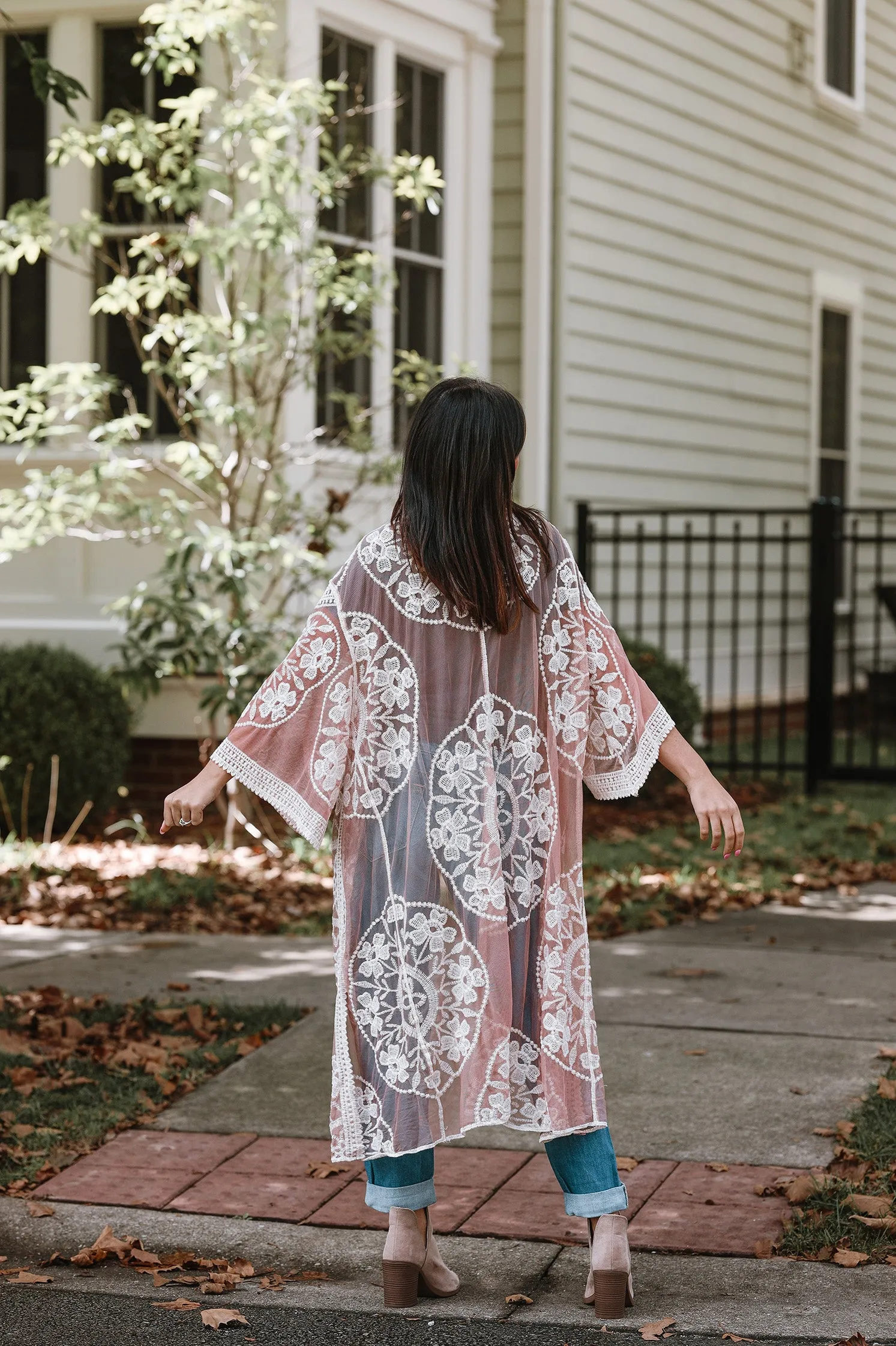 Boho Blooms Lace Mesh Kimono- Blush