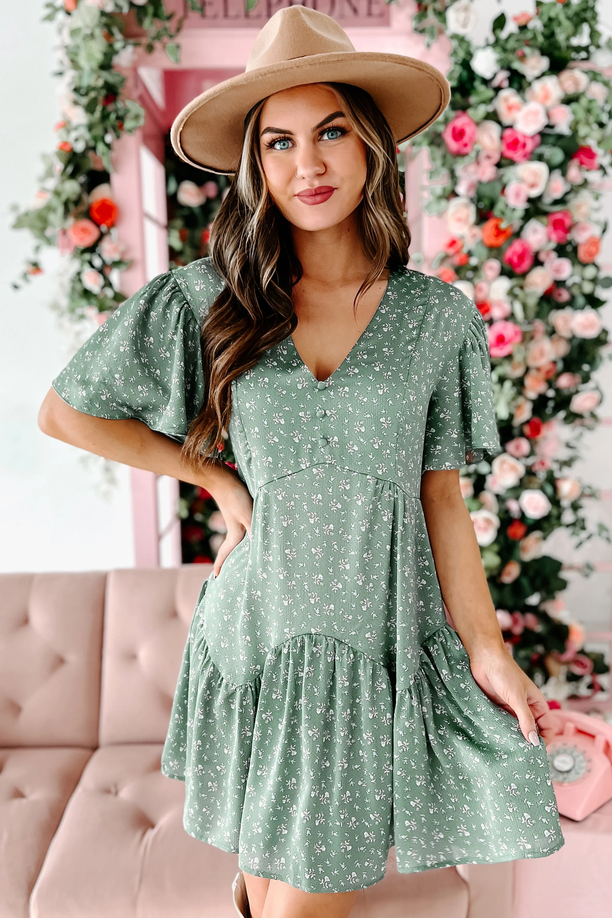 Budding Relationships Floral Mini Dress (Deep Sage)
