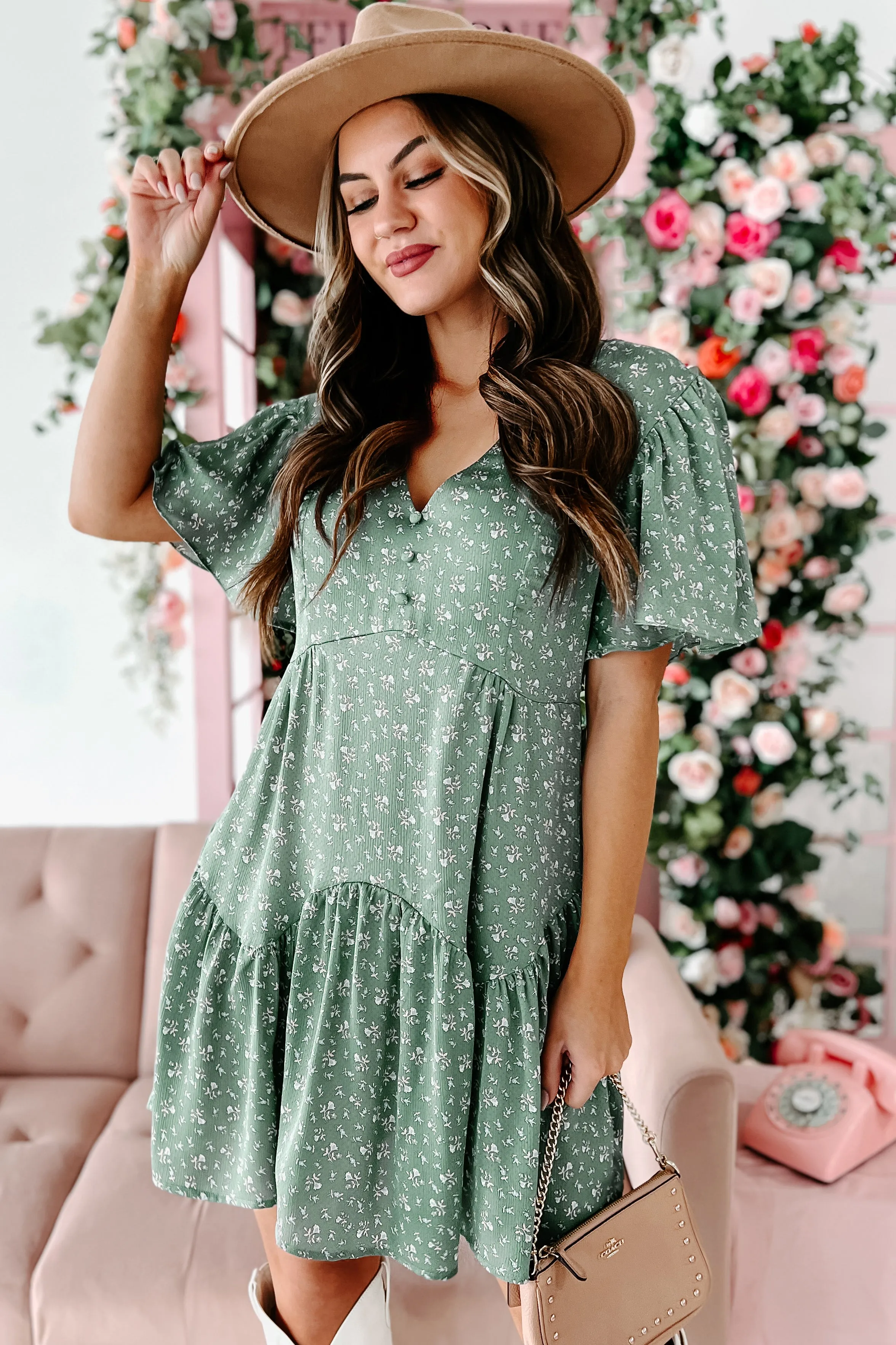 Budding Relationships Floral Mini Dress (Deep Sage)