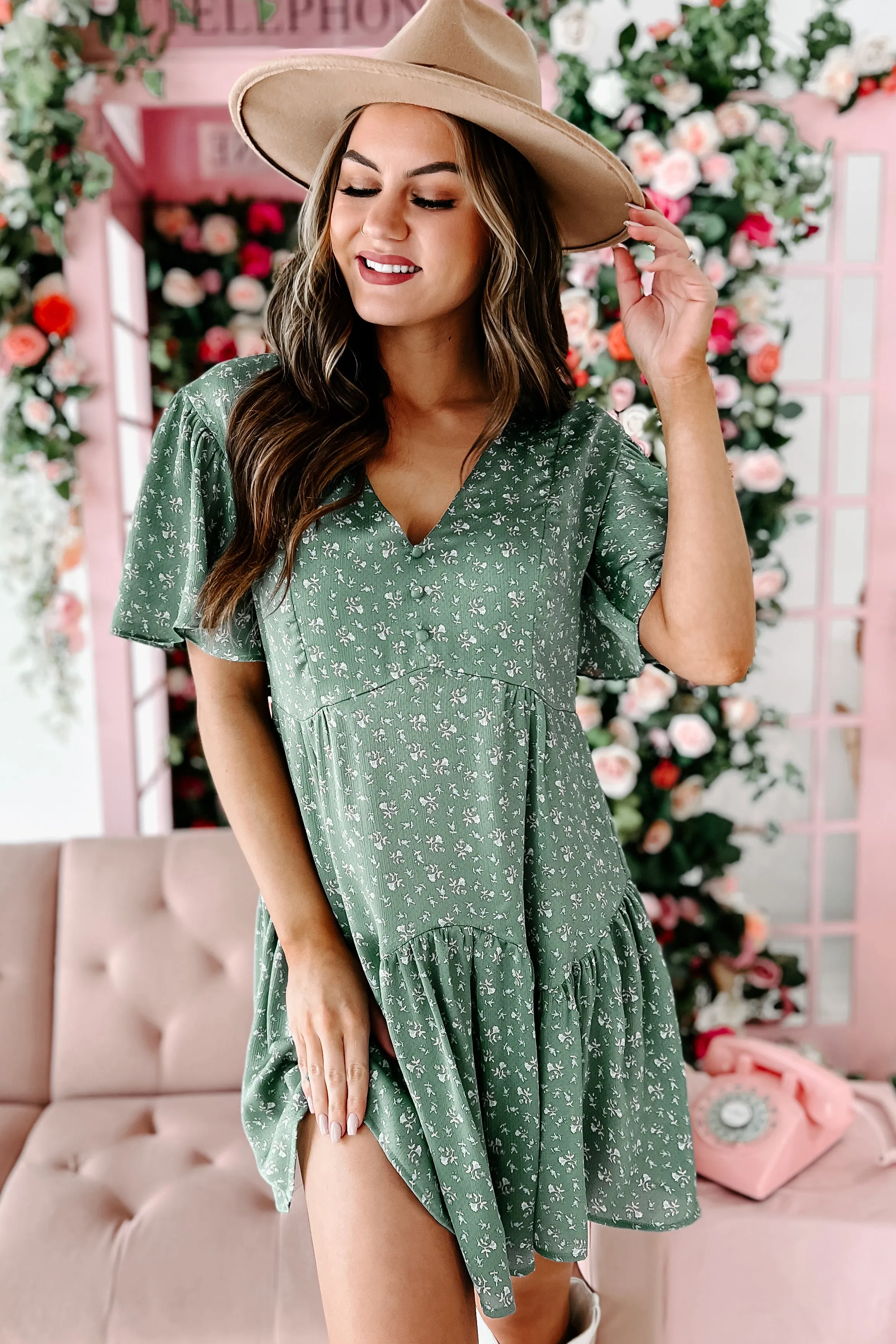 Budding Relationships Floral Mini Dress (Deep Sage)