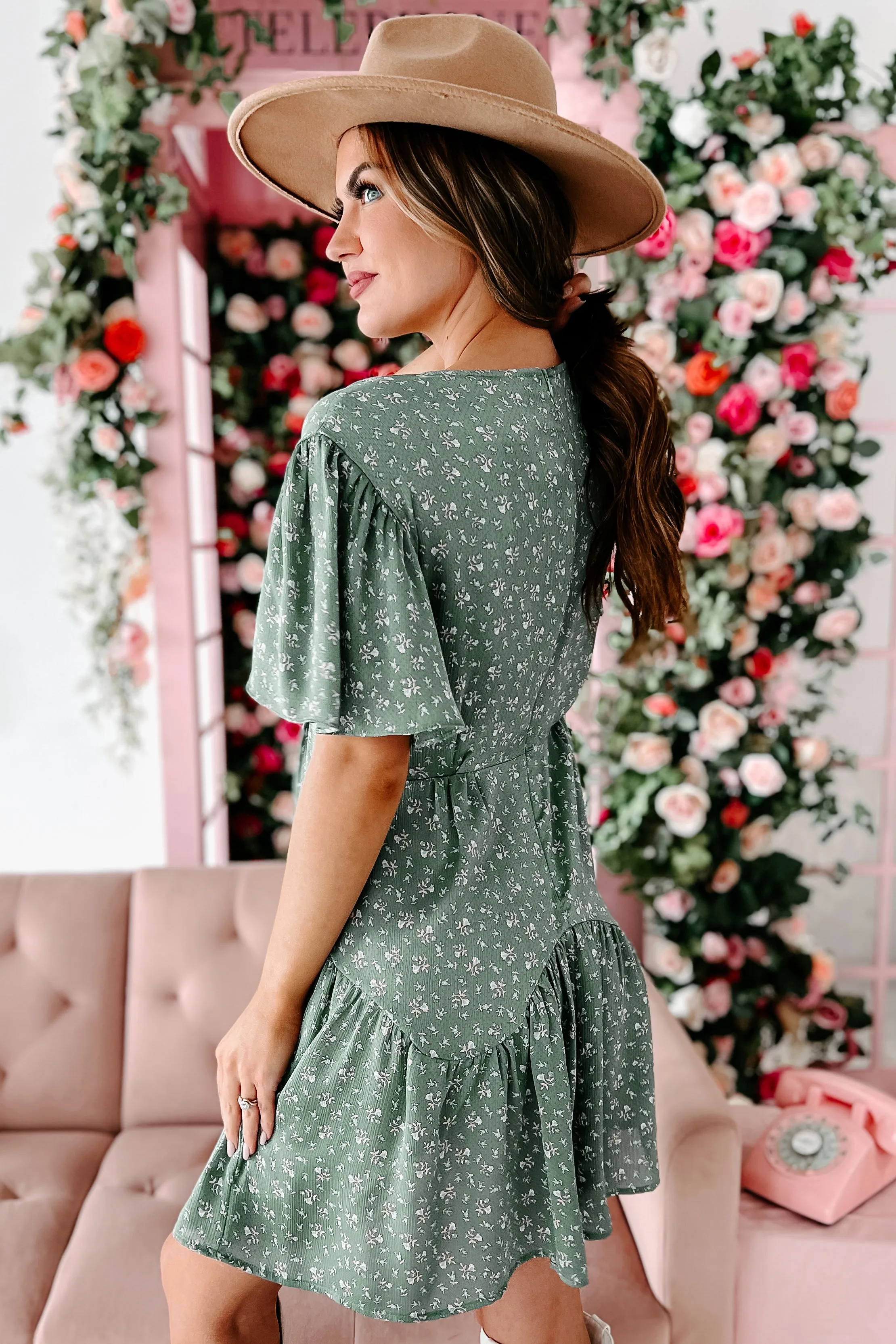 Budding Relationships Floral Mini Dress (Deep Sage)