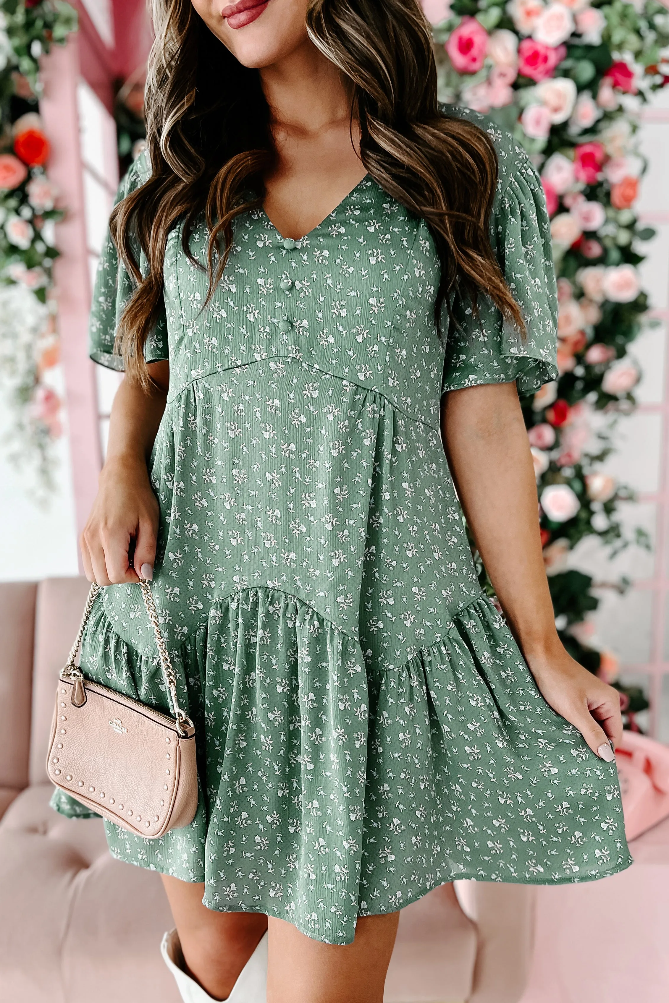 Budding Relationships Floral Mini Dress (Deep Sage)