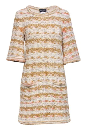 Chanel - Ivory, Tan, & Pink Tweed Knit Dress Sz 4