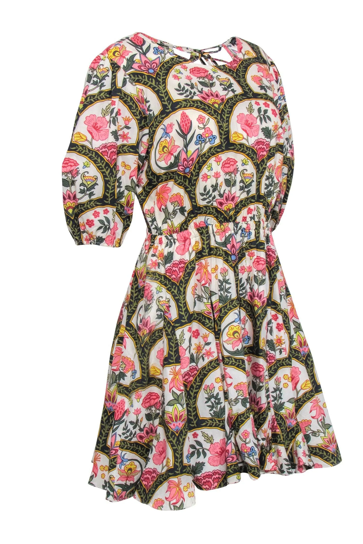 Christian LaCroix - Black w/ Cream & Pink Print Crop Sleeve Dress Sz L