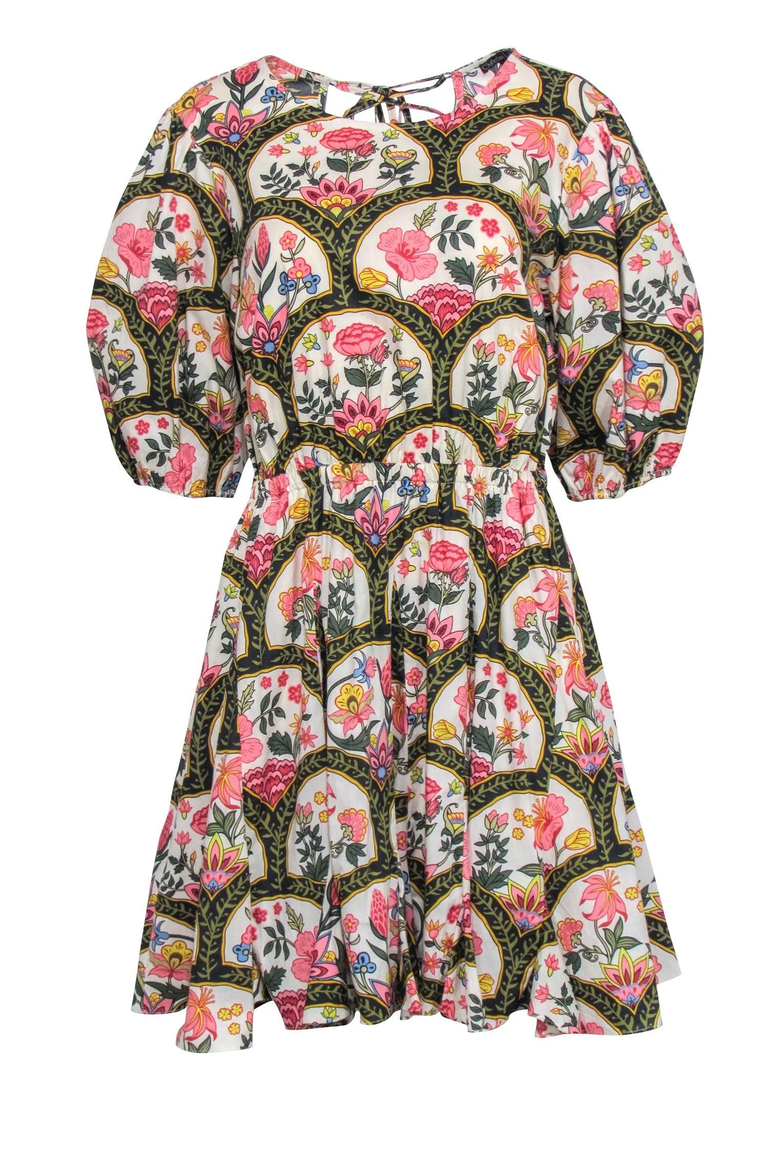 Christian LaCroix - Black w/ Cream & Pink Print Crop Sleeve Dress Sz L