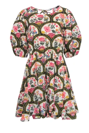 Christian LaCroix - Black w/ Cream & Pink Print Crop Sleeve Dress Sz L