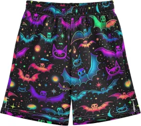 Colorful Neon Galaxy Bats Boy's Casual Shorts Athletic Lounge Shorts Elastic Waist with Pockets Streetwear 7-15Y