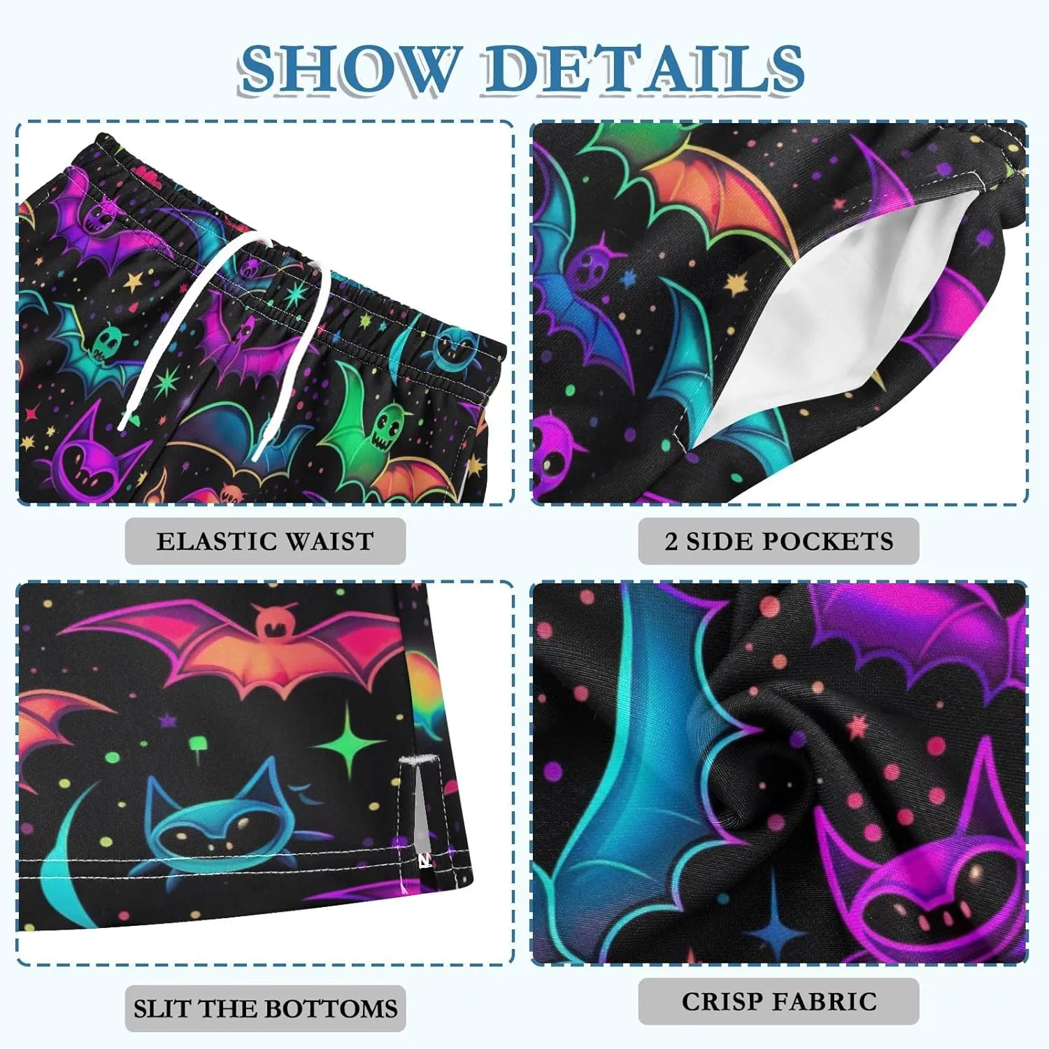 Colorful Neon Galaxy Bats Boy's Casual Shorts Athletic Lounge Shorts Elastic Waist with Pockets Streetwear 7-15Y