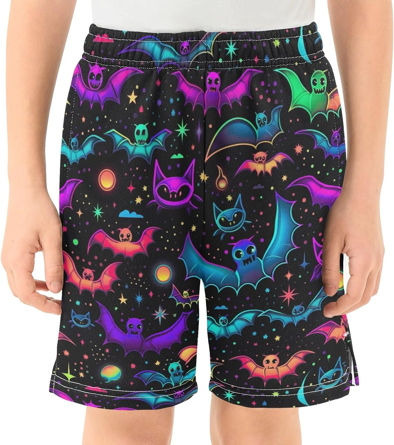 Colorful Neon Galaxy Bats Boy's Casual Shorts Athletic Lounge Shorts Elastic Waist with Pockets Streetwear 7-15Y