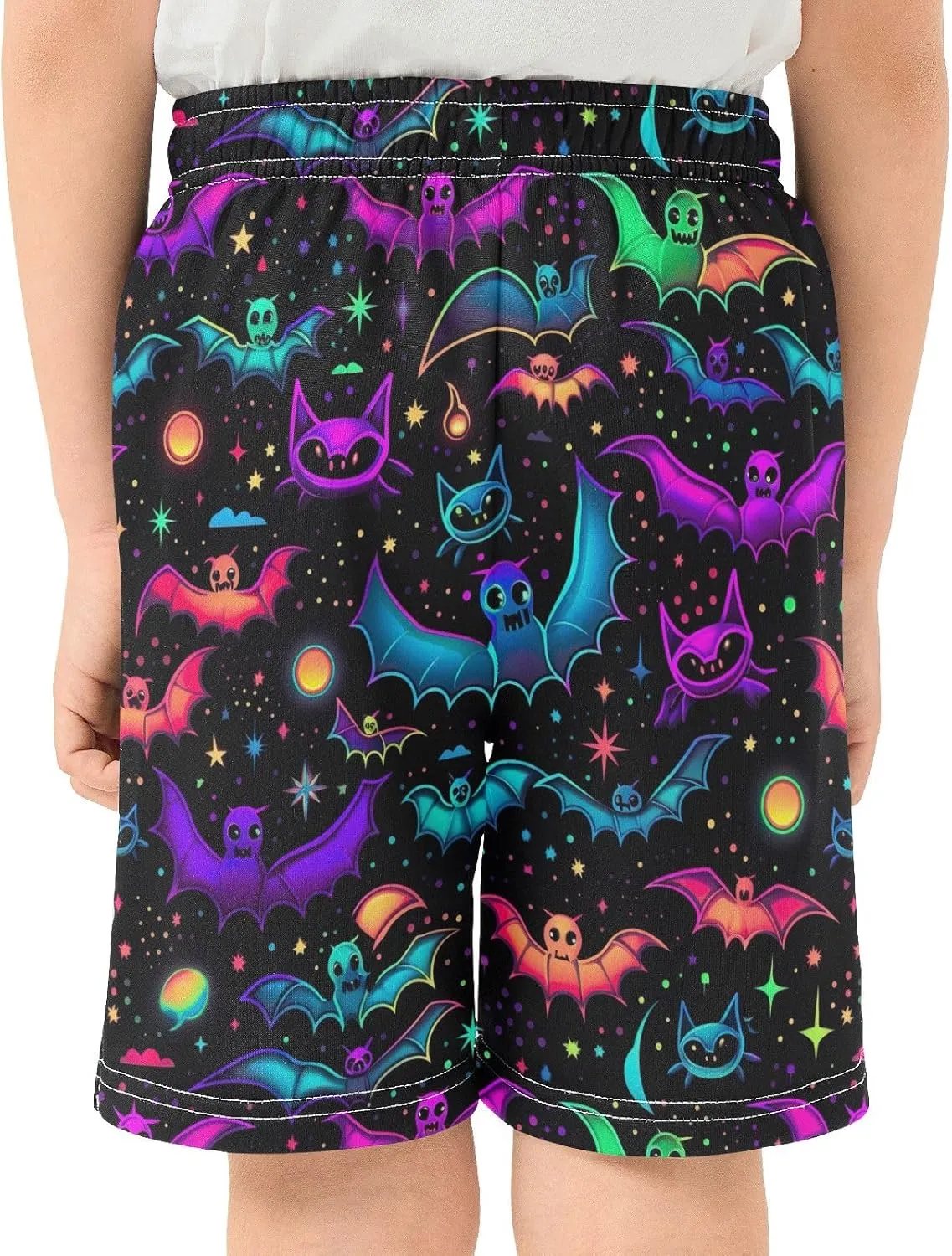 Colorful Neon Galaxy Bats Boy's Casual Shorts Athletic Lounge Shorts Elastic Waist with Pockets Streetwear 7-15Y
