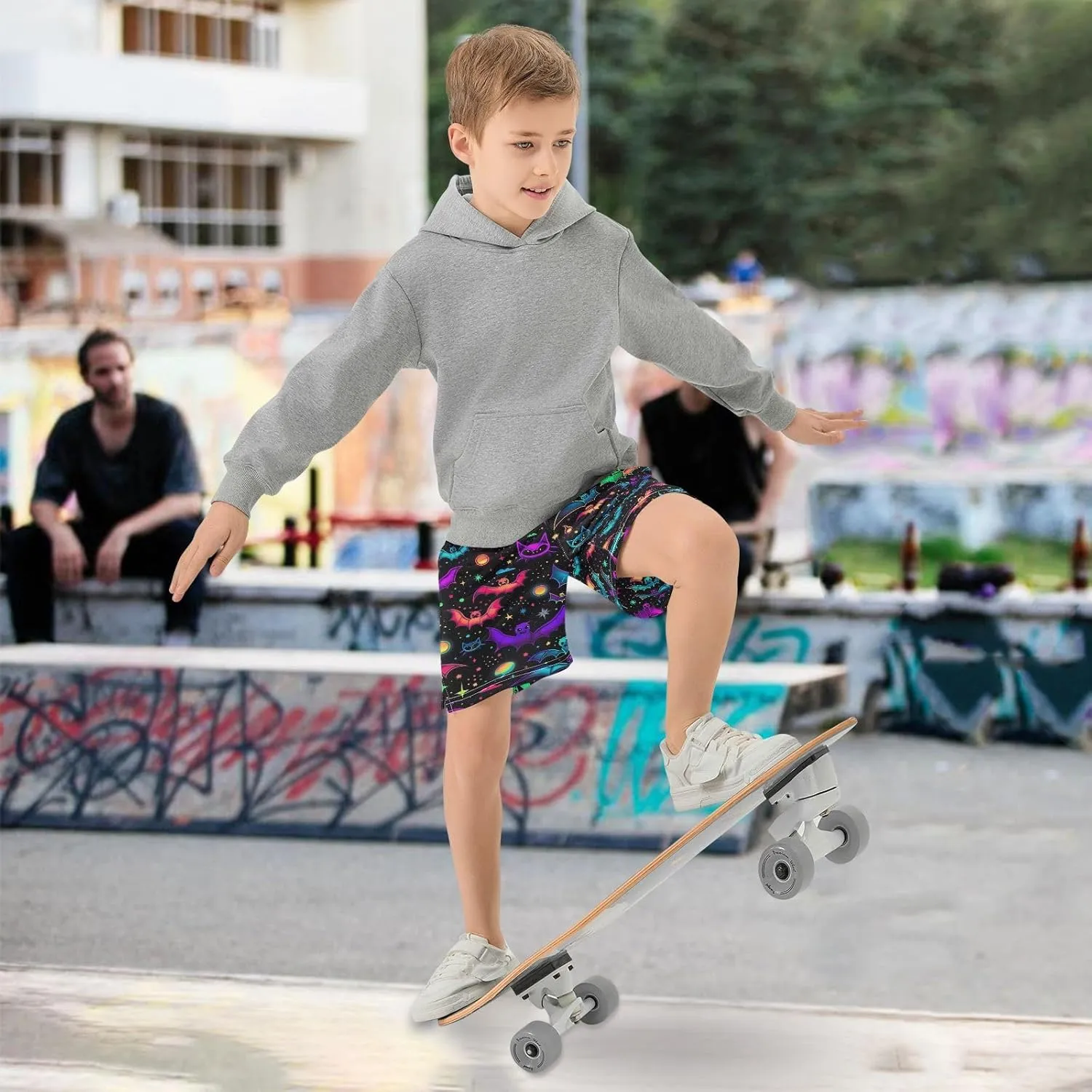 Colorful Neon Galaxy Bats Boy's Casual Shorts Athletic Lounge Shorts Elastic Waist with Pockets Streetwear 7-15Y