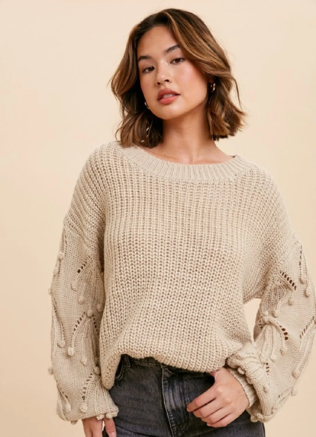 CREAM KNITTED OVERSIZED SWEATER WITH POM DETAIL