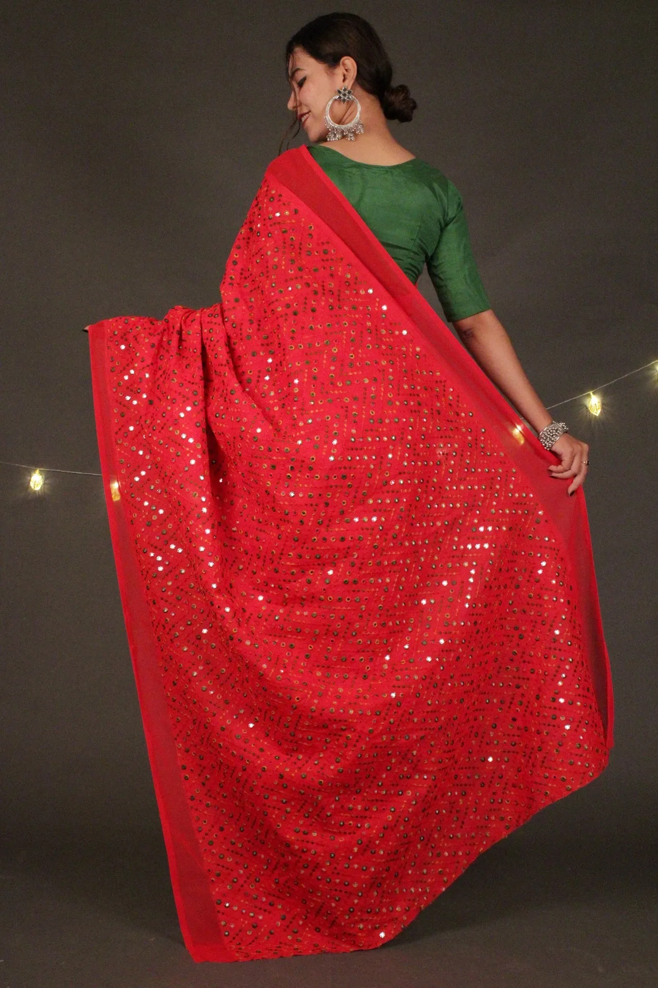 Designer mirror work and satin silk half & half 1 minute sari by isadora life