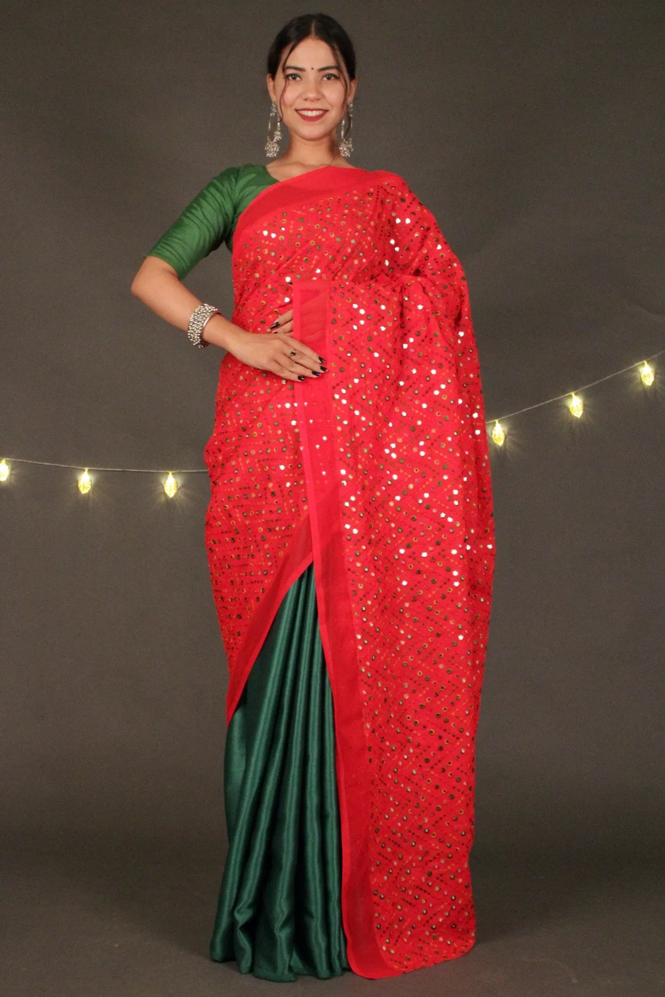 Designer mirror work and satin silk half & half 1 minute sari by isadora life