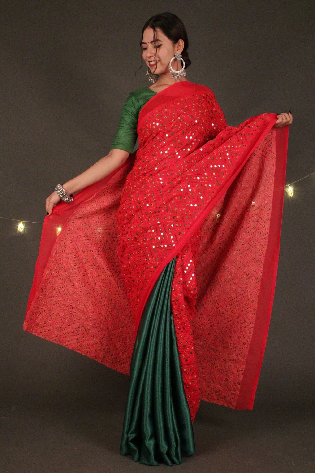 Designer mirror work and satin silk half & half 1 minute sari by isadora life