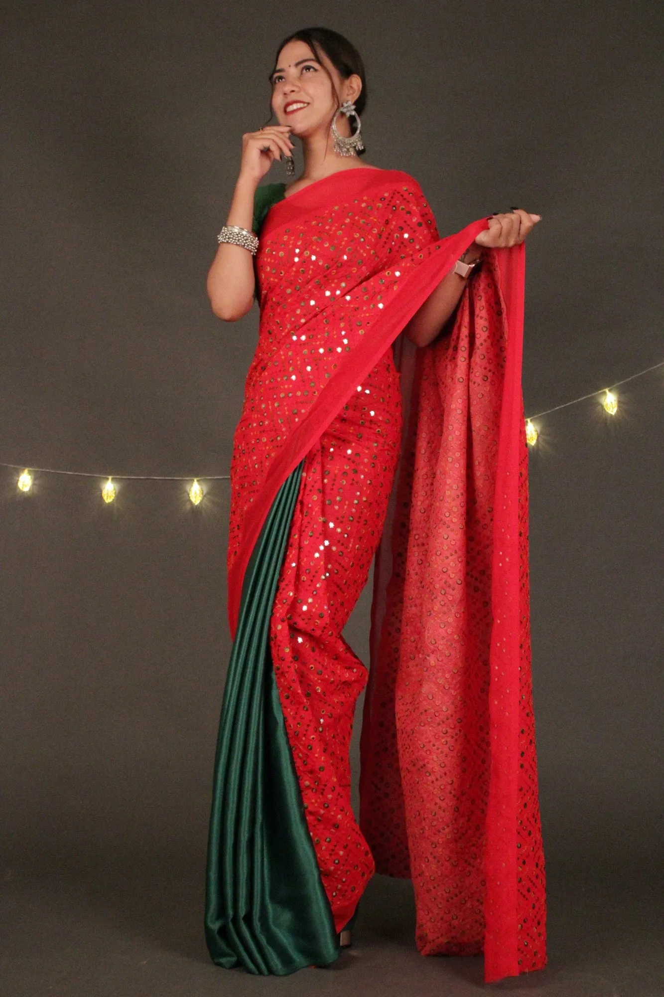 Designer mirror work and satin silk half & half 1 minute sari by isadora life