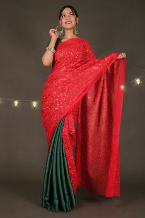 Designer mirror work and satin silk half & half 1 minute sari by isadora life