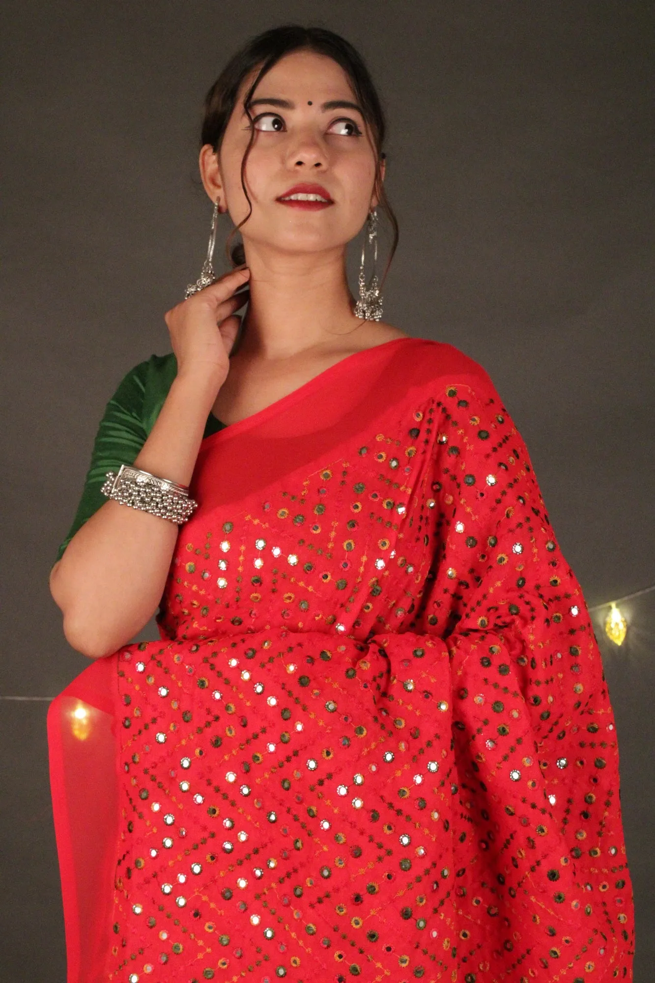 Designer mirror work and satin silk half & half 1 minute sari by isadora life