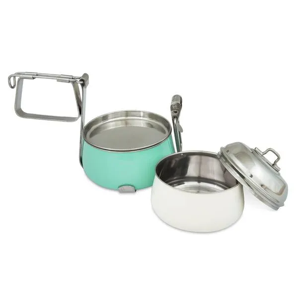 Elan Tiffin Box - Two Tier Lunch Box, Off White-Aqua