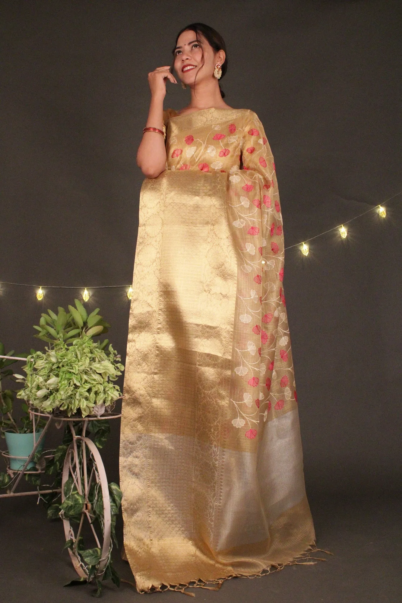 Exquisite Resham Embroidered Pallu Broad Zari woven border and tissue silk Wrap in 1 minute saree