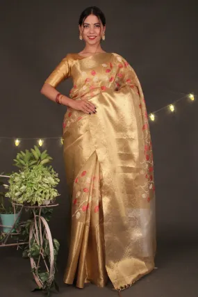 Exquisite Resham Embroidered Pallu Broad Zari woven border and tissue silk Wrap in 1 minute saree