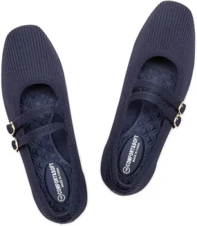 Frank Mully Women's Flats Square Toe Mary Jane Shoes Ballet Flats with Strap Comfortable Slip On Knit Shoes Dressy Casual