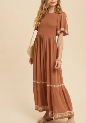 GEOMETRIC EMBROIDERY Smocked Flutter Sleeve Midi Dress
